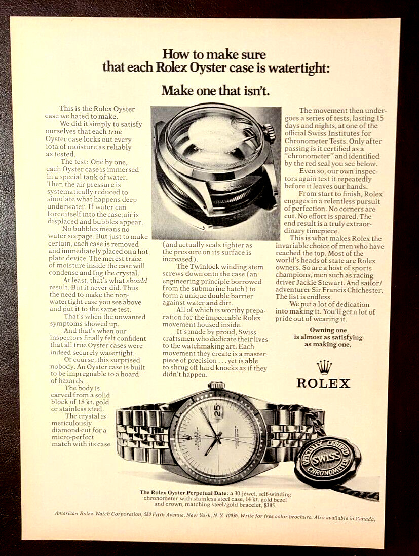 Rolex Oyster Perpetual Original 1972 Vintage Print Ad