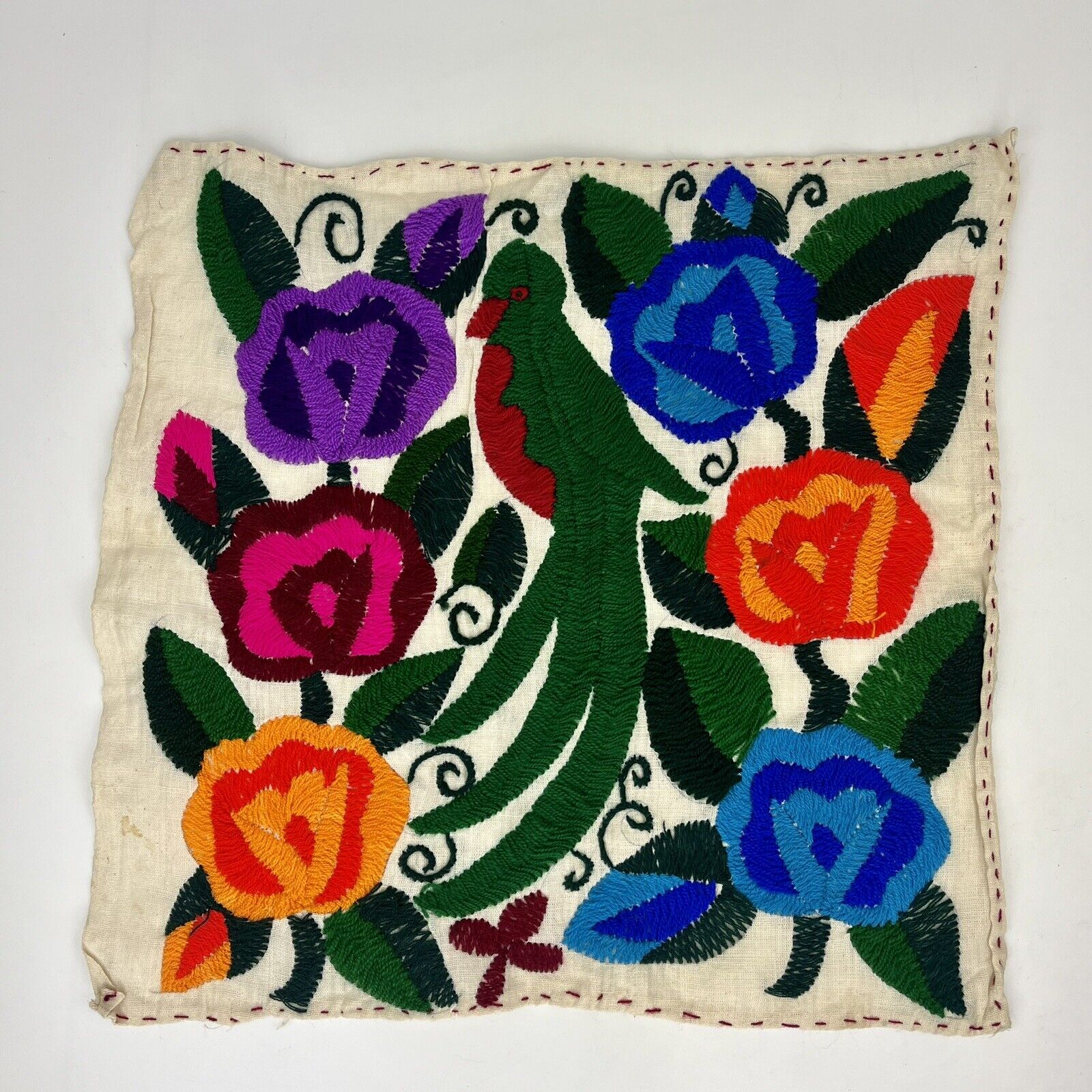 Vtg Tenango Otomi Embroidery Mexican Folk Art Hand Crewel Embroidery Floral Bird