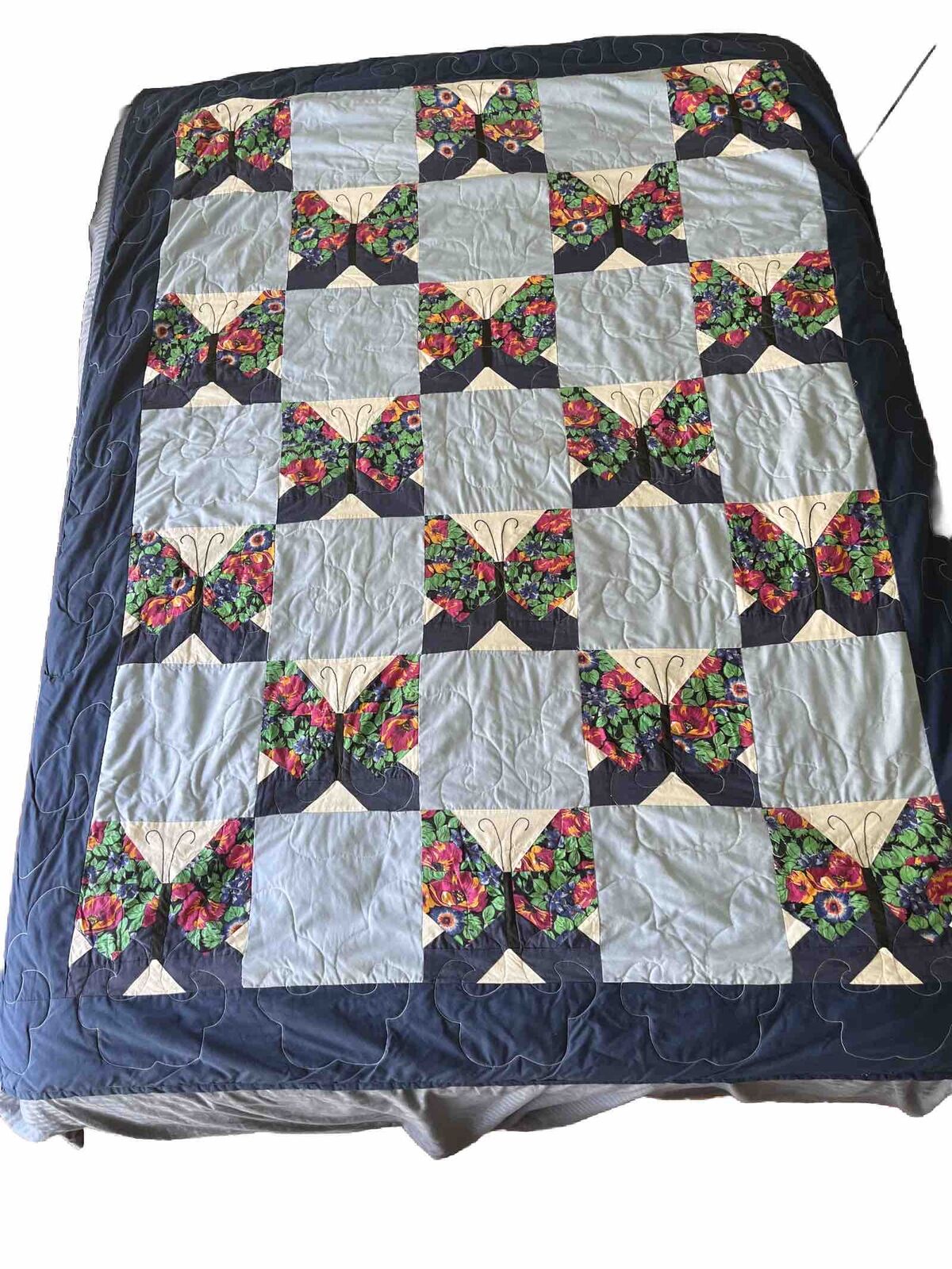 Handmade Butterfly Quilt Colorful Flowers Blues Pinks Queen Full Twin 58” By 80”