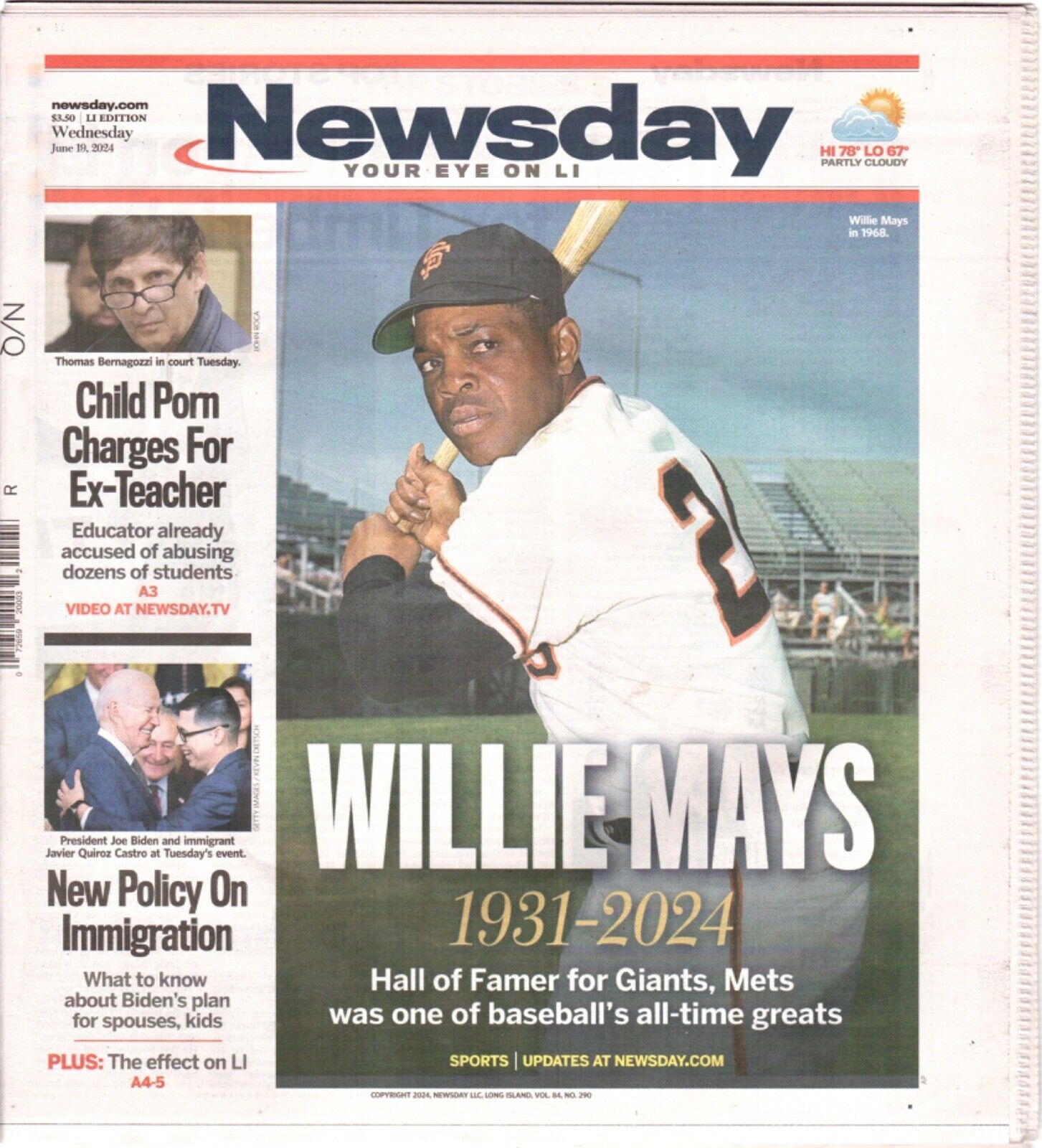 NY Newsday June 19,2024~Willie Mays 1931-2024 HOF New York Giants