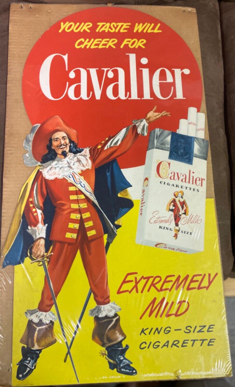 1950 Cavalier Cigarettes Advertising sign easel back 28”x14” R.J Reynolds