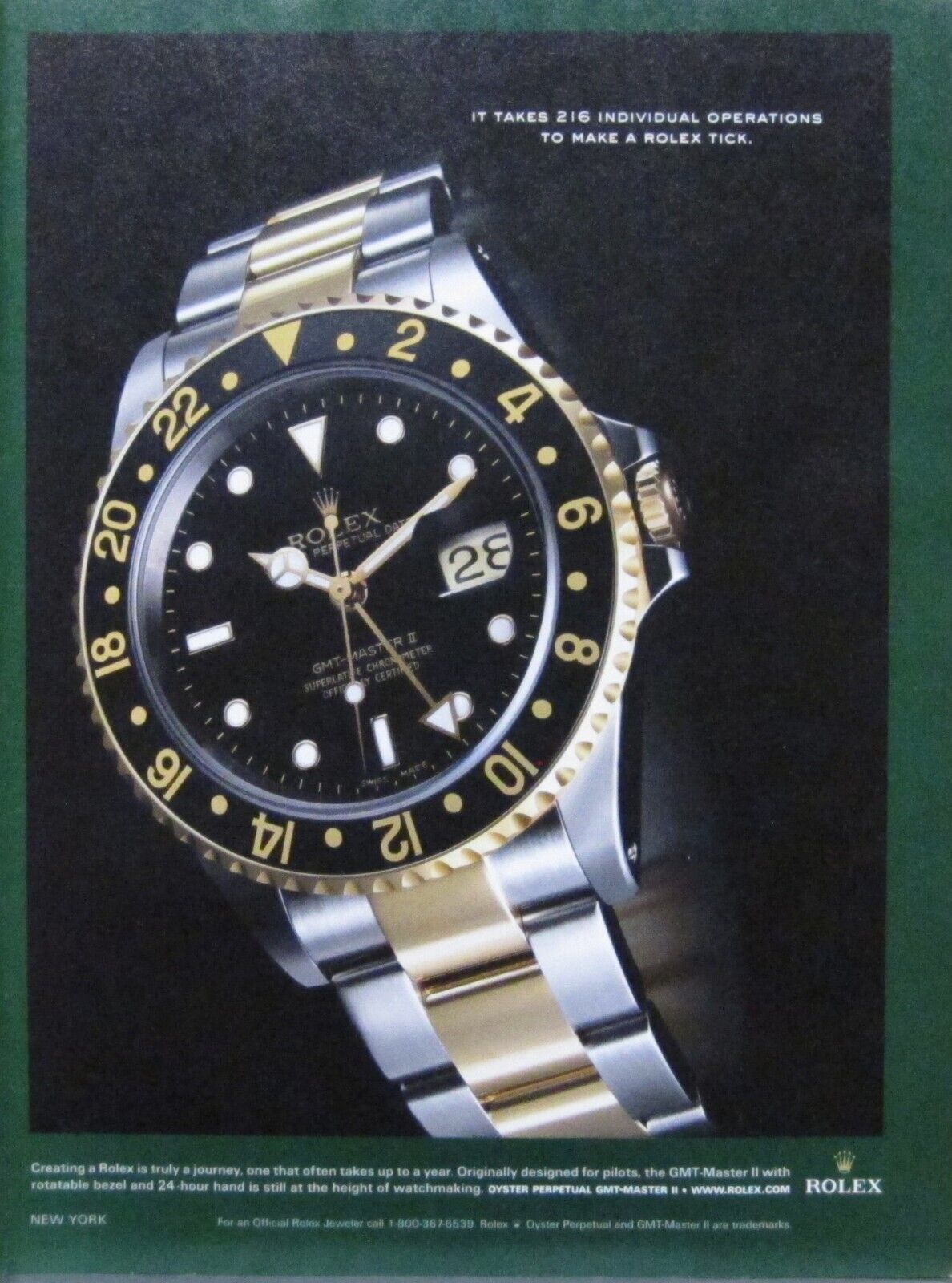 2004 Rolex GMT Master II Print Ad; Black face, gold numbers