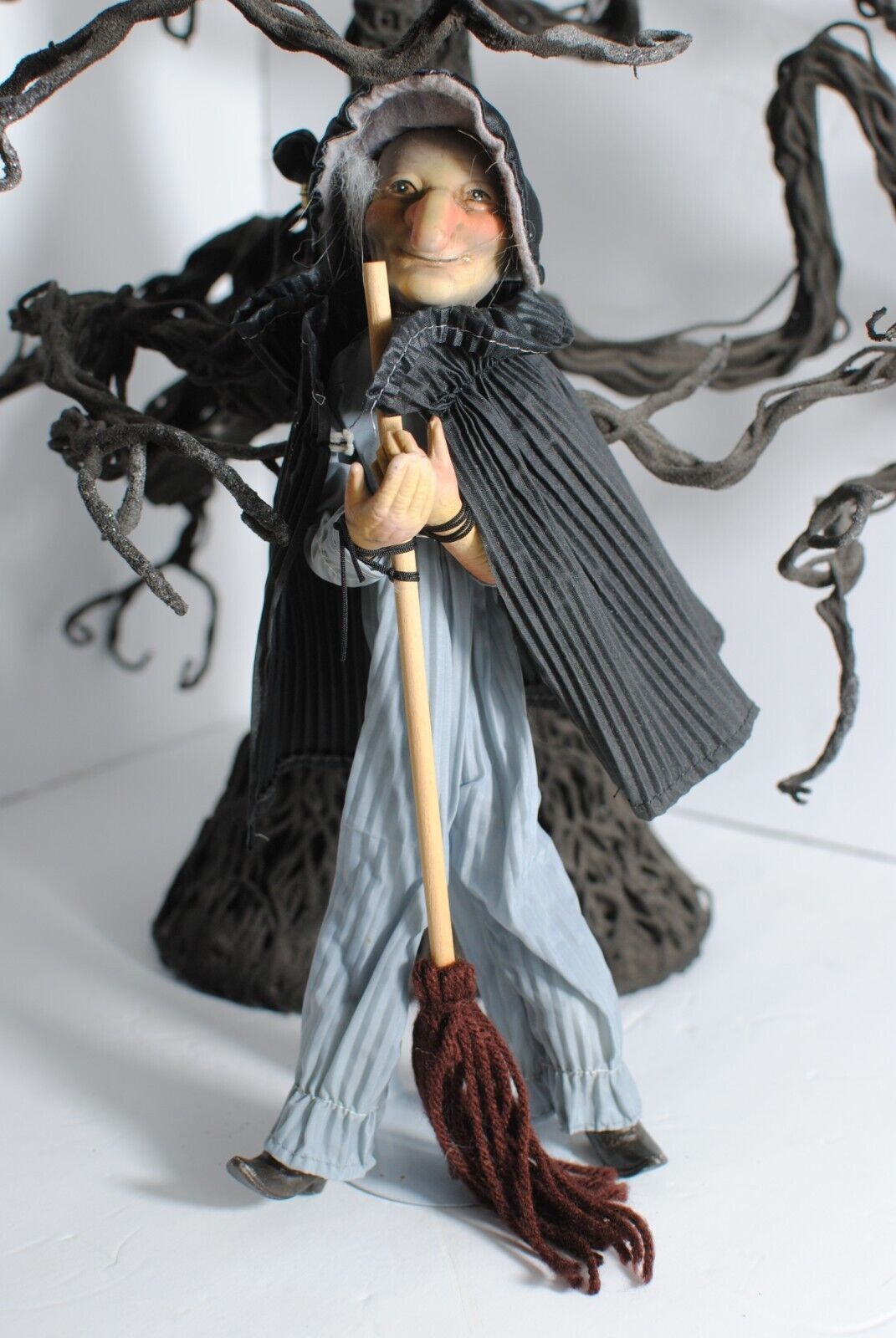 Vintage Long Nose Witch on a Broom Yarn Brissels With Cape and Stand 12 in