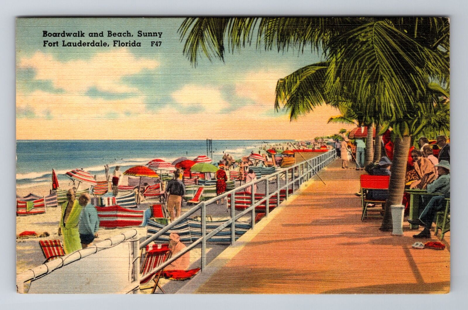 Ft. Lauderdale FL-Florida, Busy Boardwalk & Beach, Antique Vintage Postcard