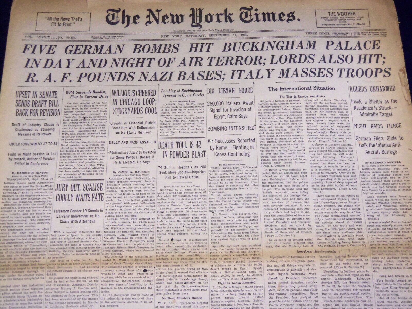 1940 SEPTEMBER 14 NEW YORK TIMES - BOMBS HIT BUCKINGHAM PALACE - NT 2933