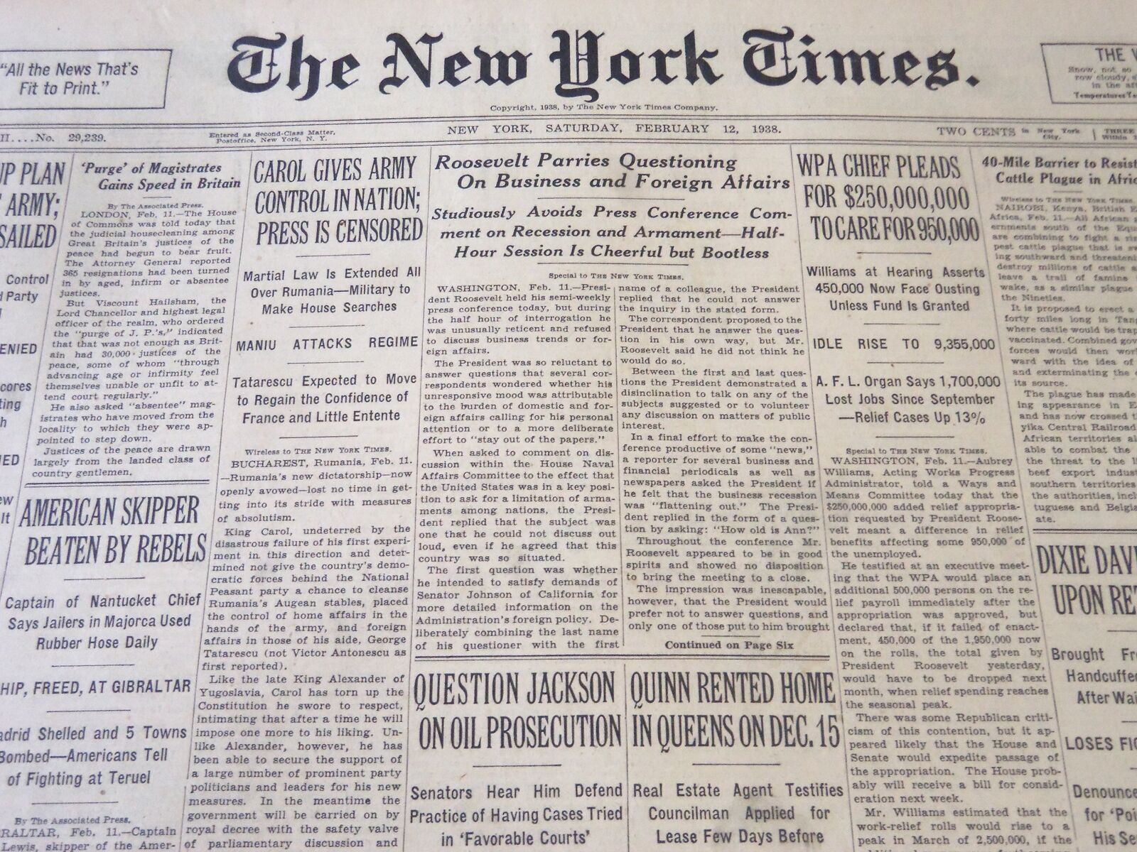 1938 FEBRUARY 12 NEW YORK TIMES - KING CAROL GIVES ARMY CONTROL - NT 6260