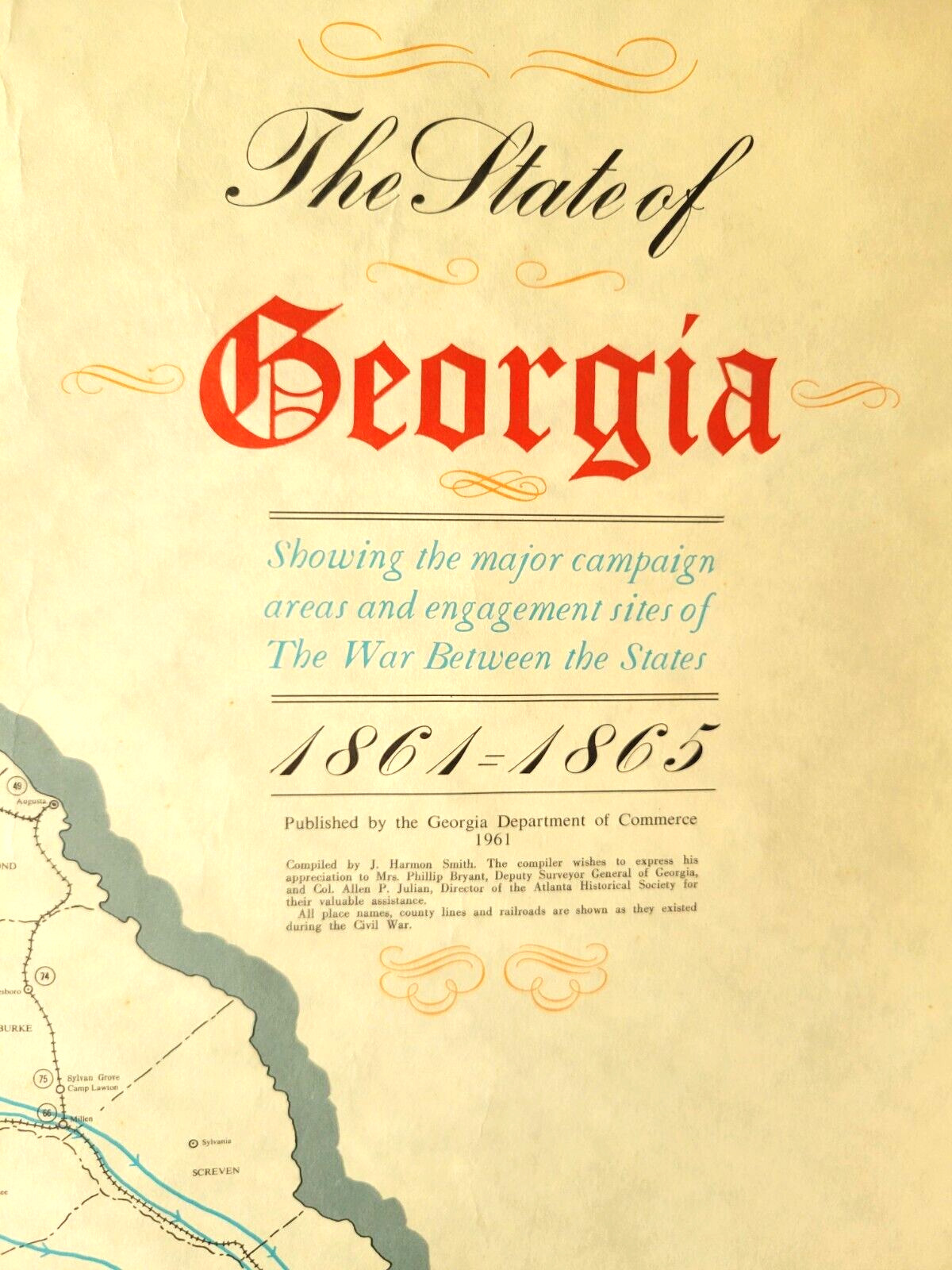 1961 Civil War Map of Battles 1861-1865 by The Georgia Department of Commerce