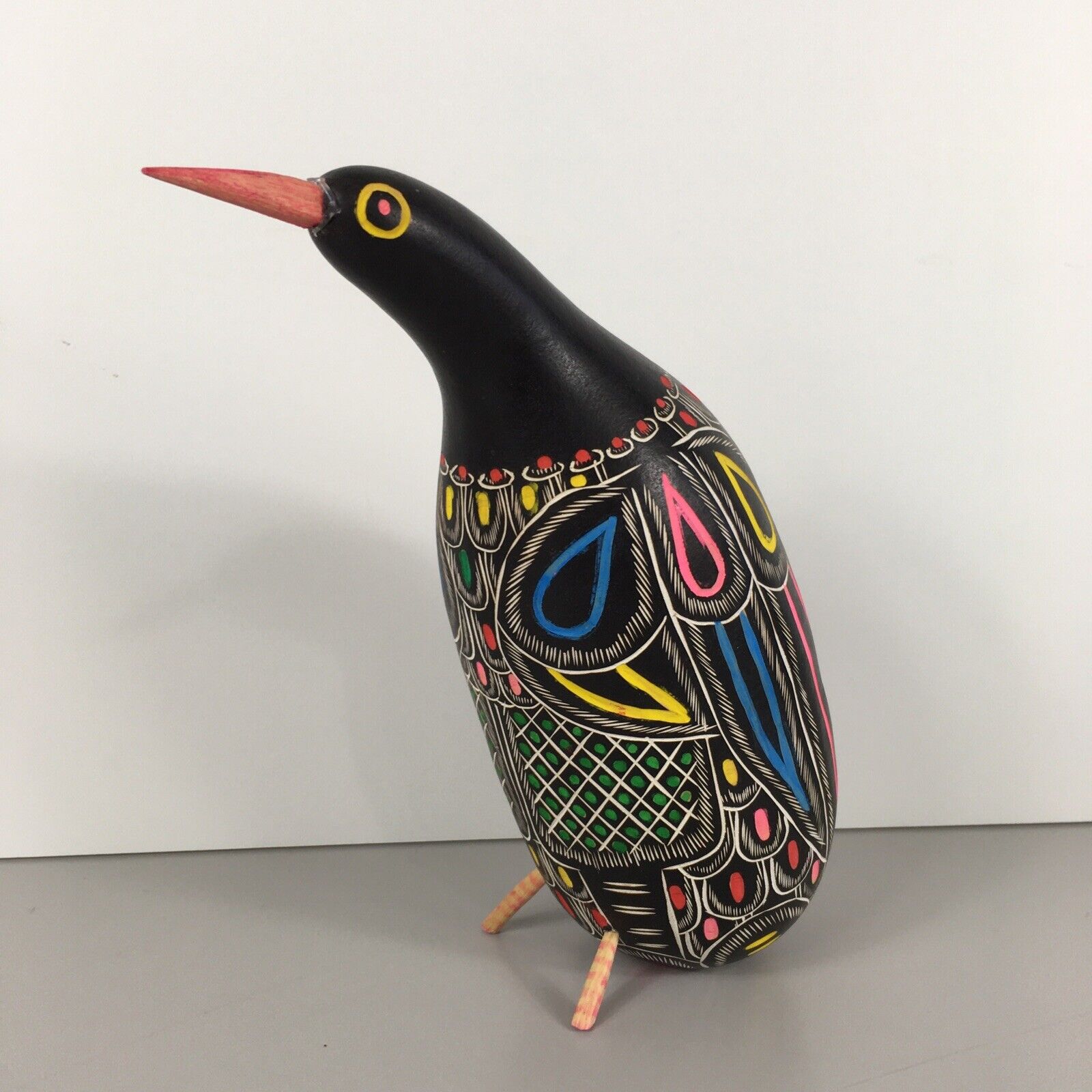 Vintage Peruvian Dried Gourd Hand-Carved Black Bird Colorful Folk Art Figurine