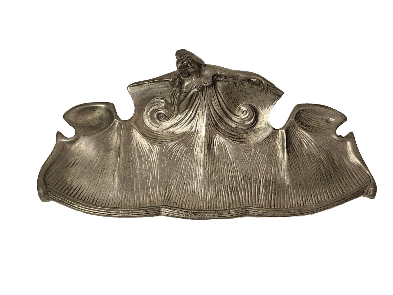 Vintage Art Nouveau Lady Figural Fine Pewter Dish Tray - 8\