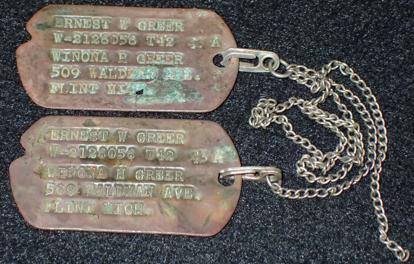 WW2 US Army Personnel Identification ID Disc PAIR Dog Tags ERNEST W GREER Mich.
