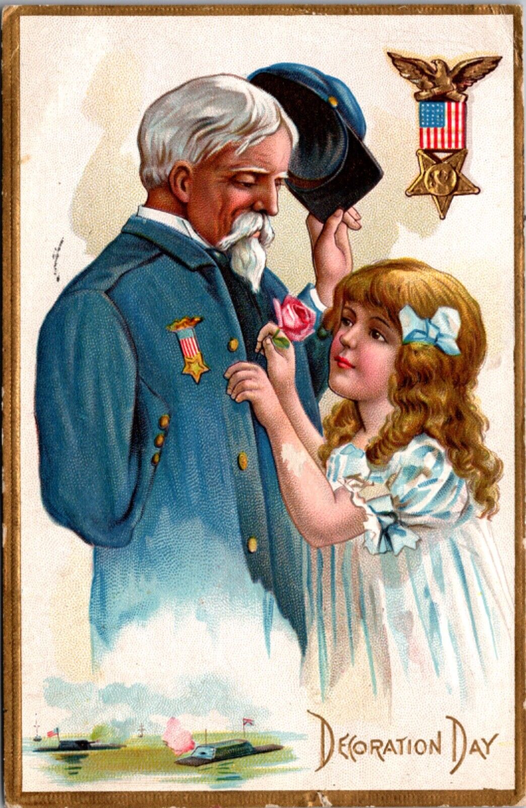 Decoration Day Postcard Little Girl Giving Pink Rose to Soldier Missing Arm