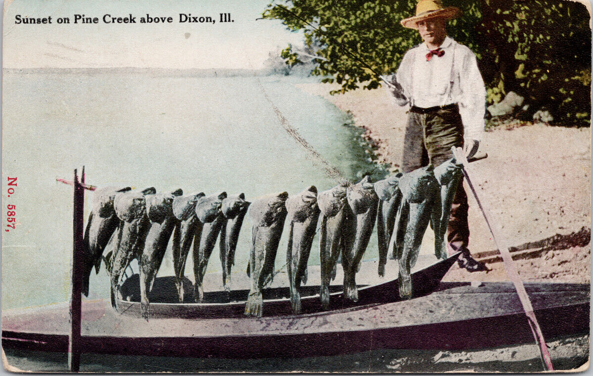Fisherman with Catch Pine Creek Dixon IL Illinois c1910 Postcard E49