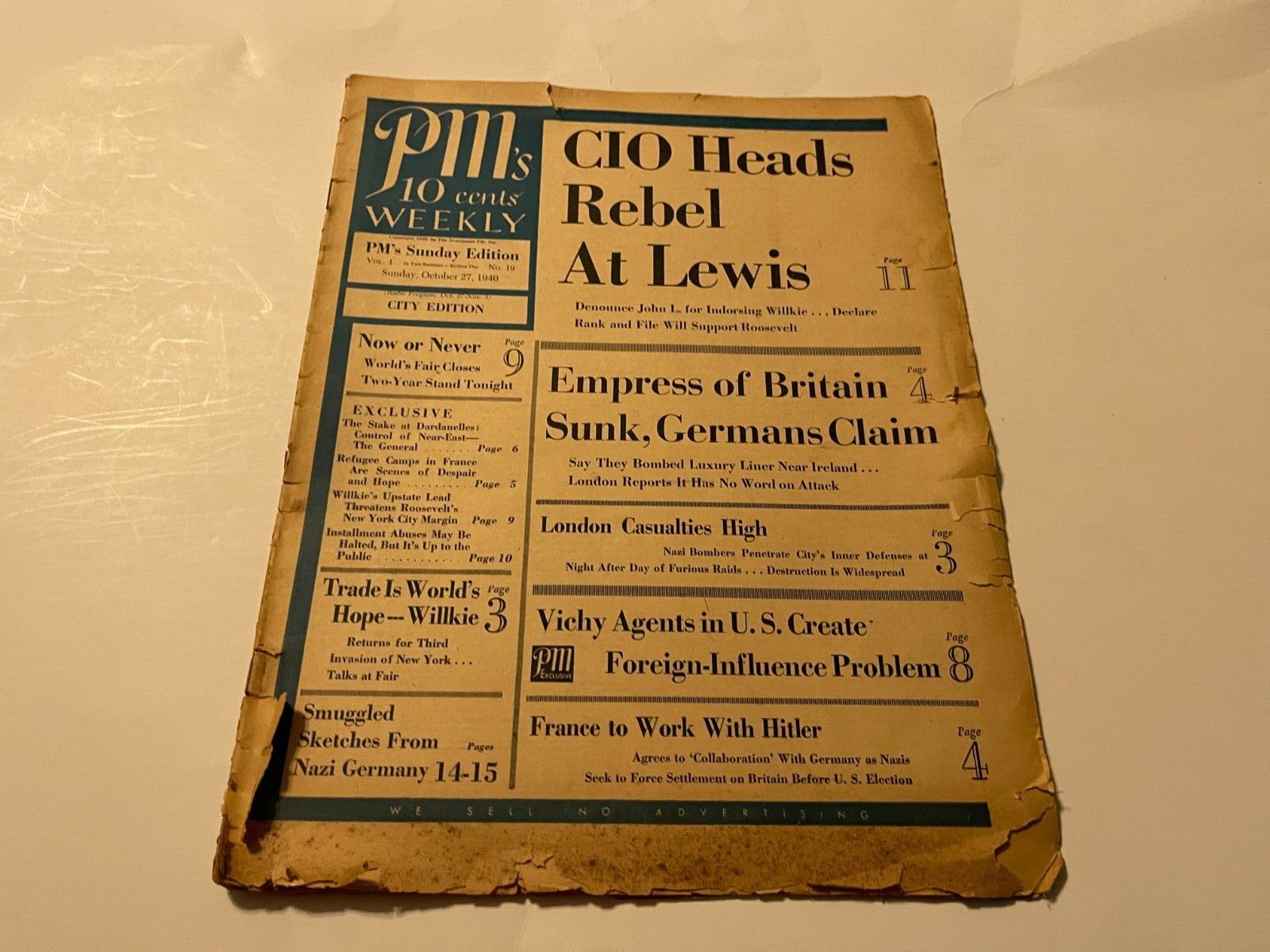 october 27 1940 pm's sunday edition newspaper-london bombing-british empress