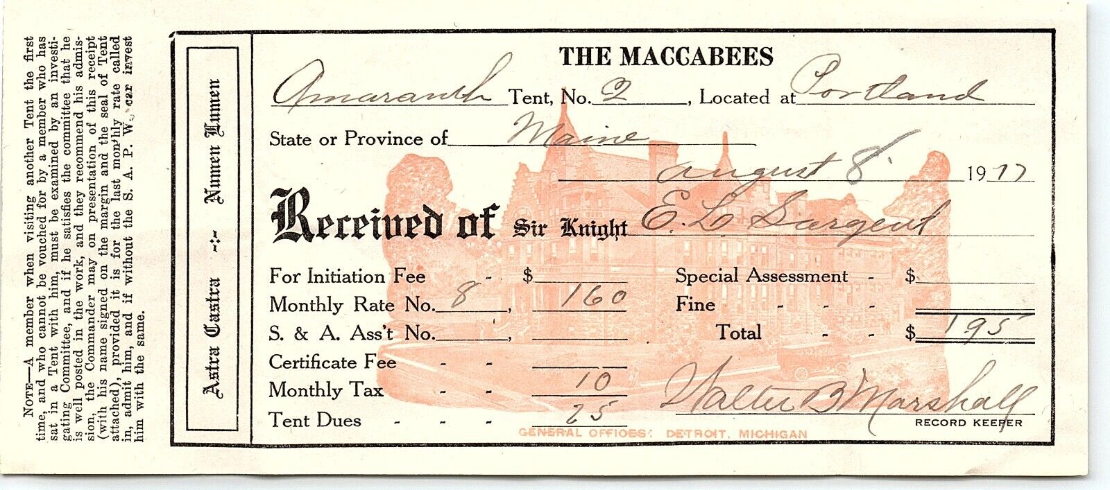 1917 PORTLAND ME KNIGHTS OF THE MACCABEES OF THE WORLD BILLHEAD RECEIPT Z1148