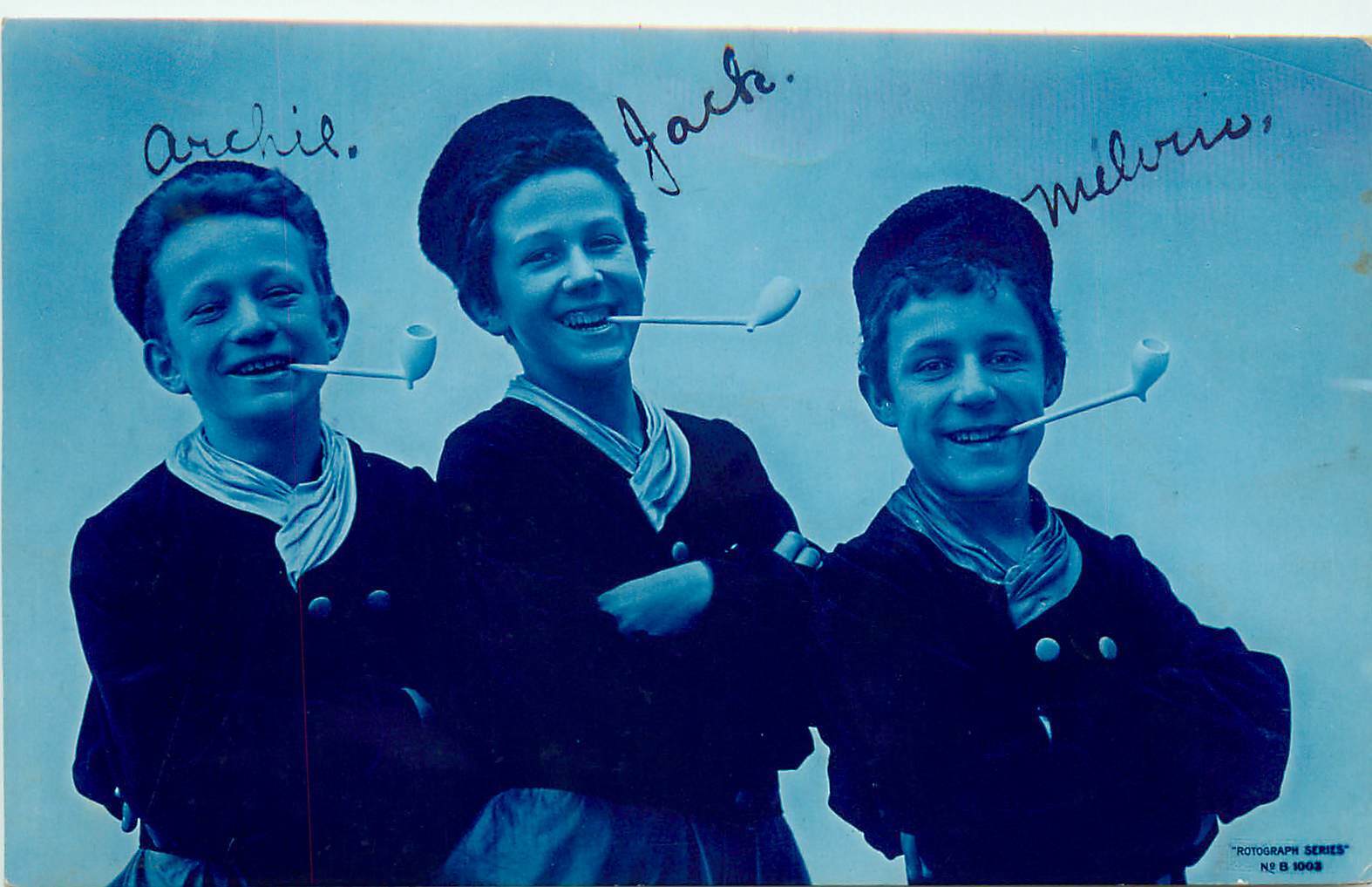 Rotograph Cyanotype 3 Boys With Meerschaum Pipes Postcard No. B 1003