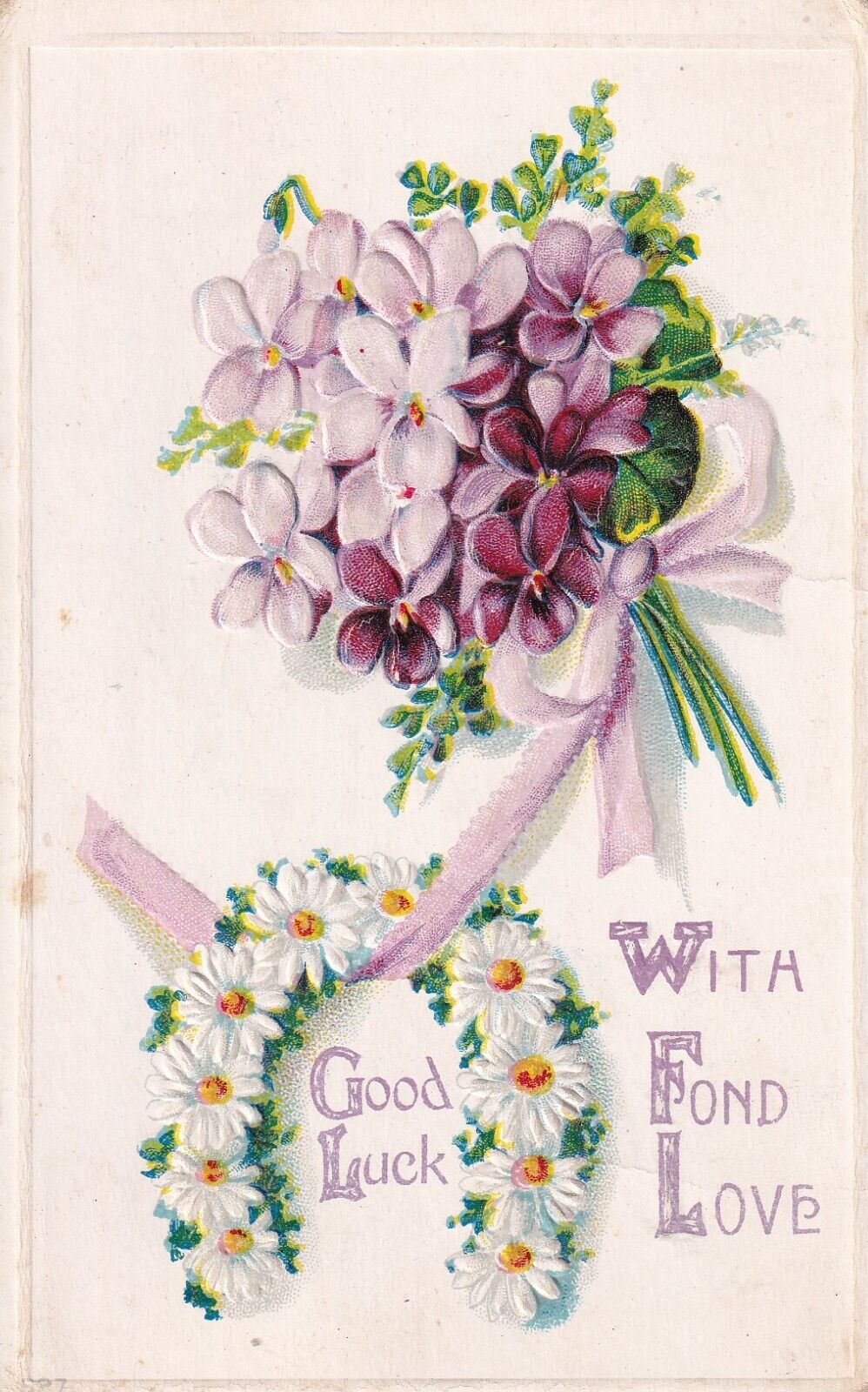 Vintage Good Luck W/Fond Love 1911 Postcard Purple Flowers Horse Shoe Daisey's