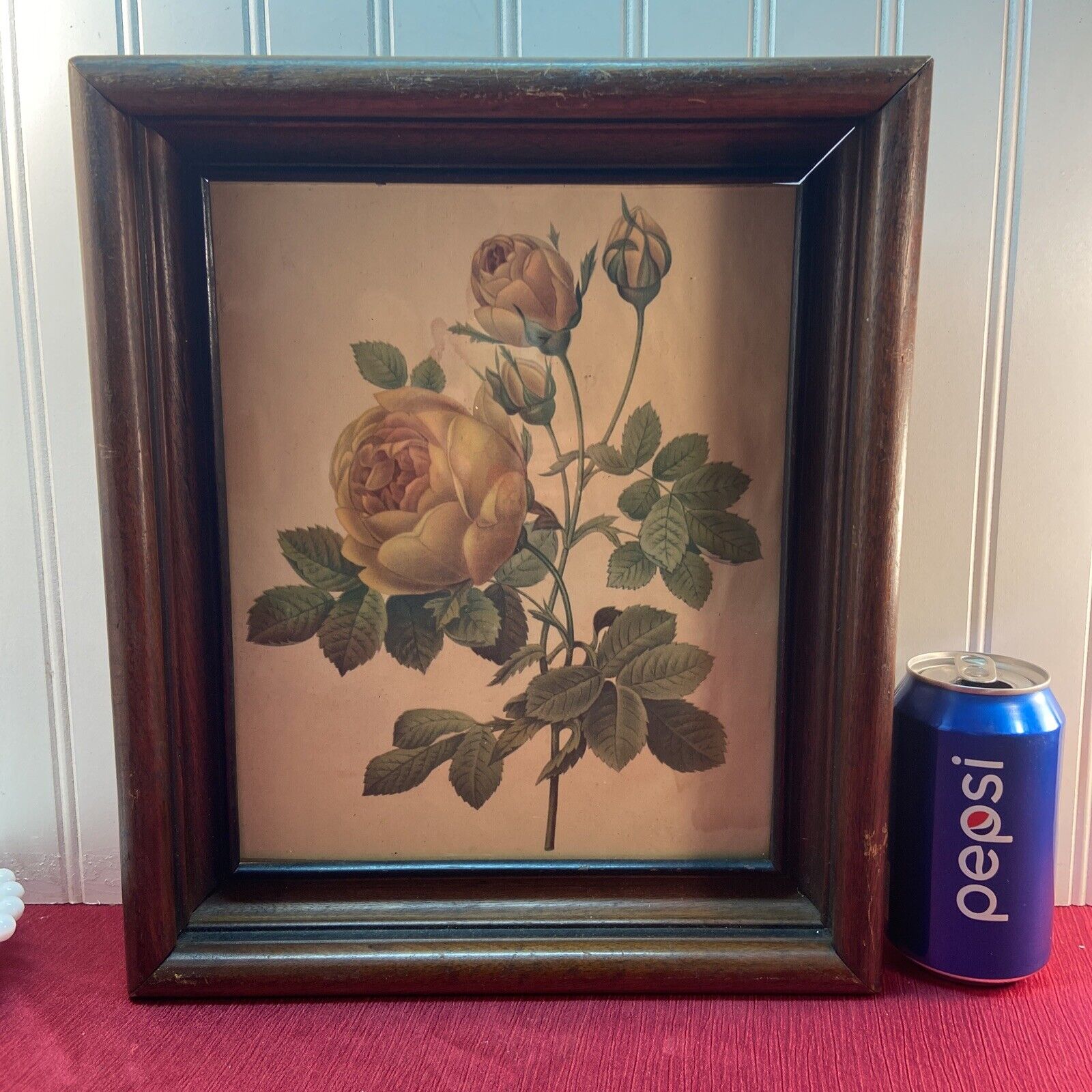 Vtg 1940-50’s? Yellow Rose Lithograph Print Wooden Shadow Box Frame