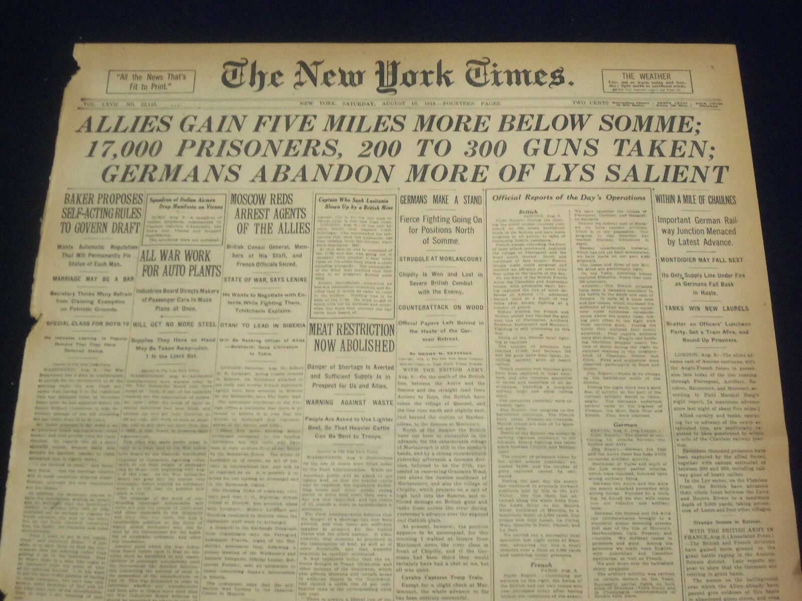 1918 AUGUST 10 NEW YORK TIMES - ALLIES GAIN FIVE MILES MORE - NT 9190