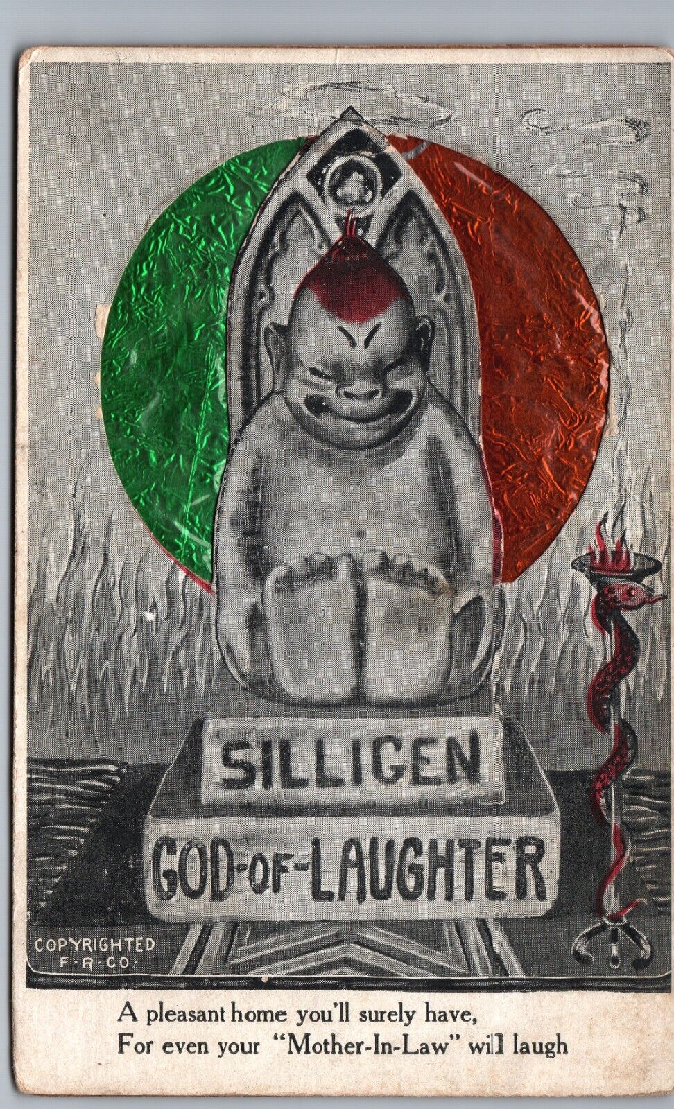 SILLIGEN GOD-OF-LAUGHTER original antique postcard billiken baby foil