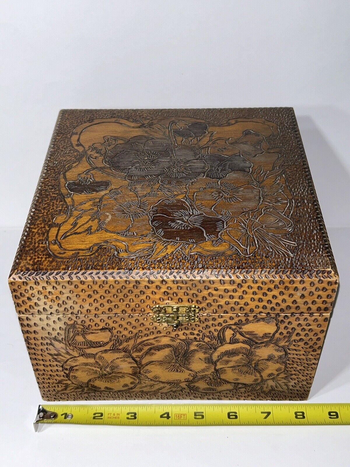 Antique Flemish Art Pyrography Hinged Dresser Wooden Box Trinket Box 8”x 8”x5.5”