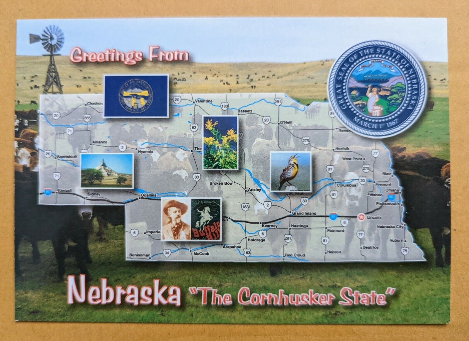 Postcard NE: Nebraska -The Cornhusker State, Map