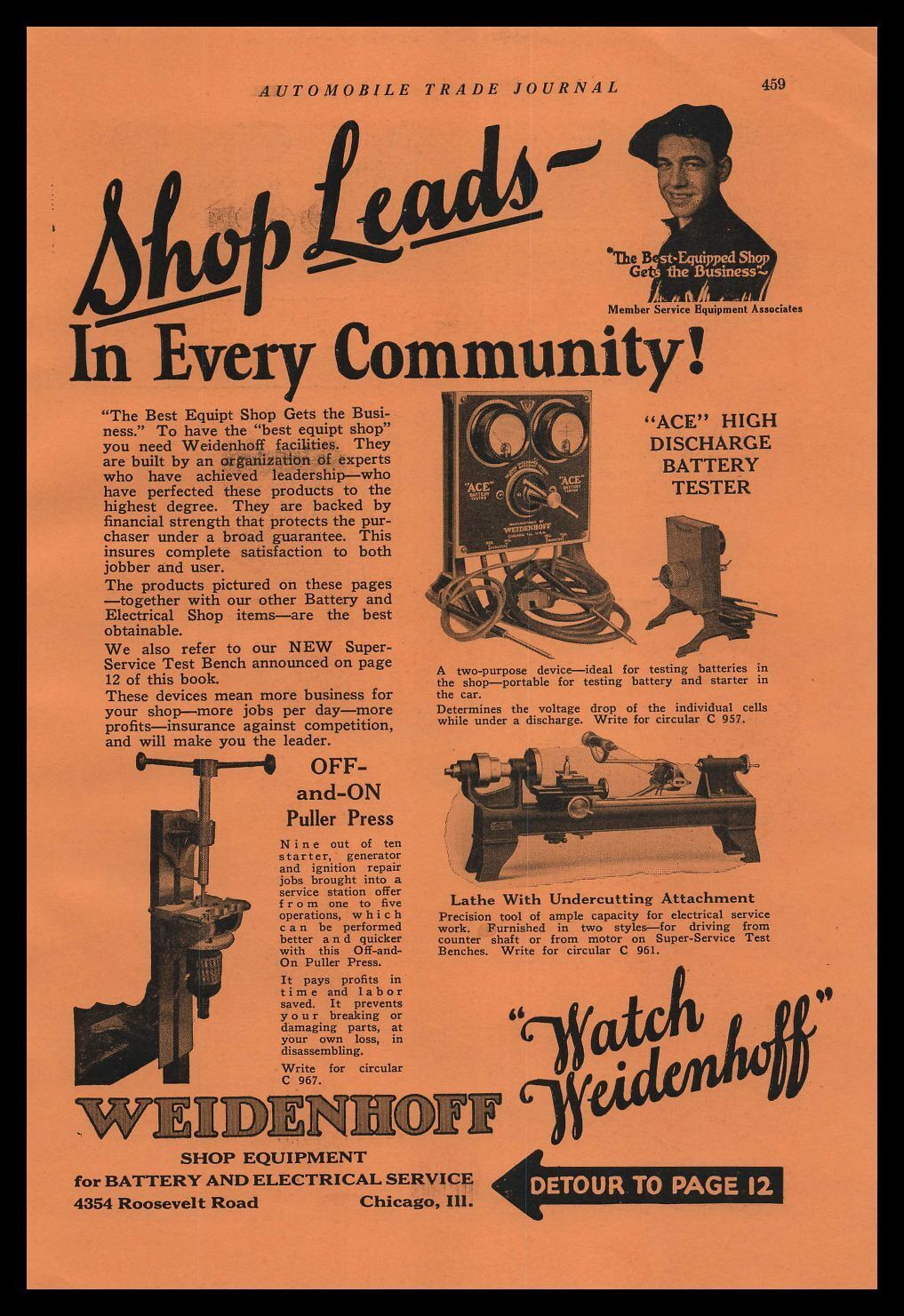 1924 Weidenhoff Shop Equipment Chicago IL Battery & Electrical Service Print Ad