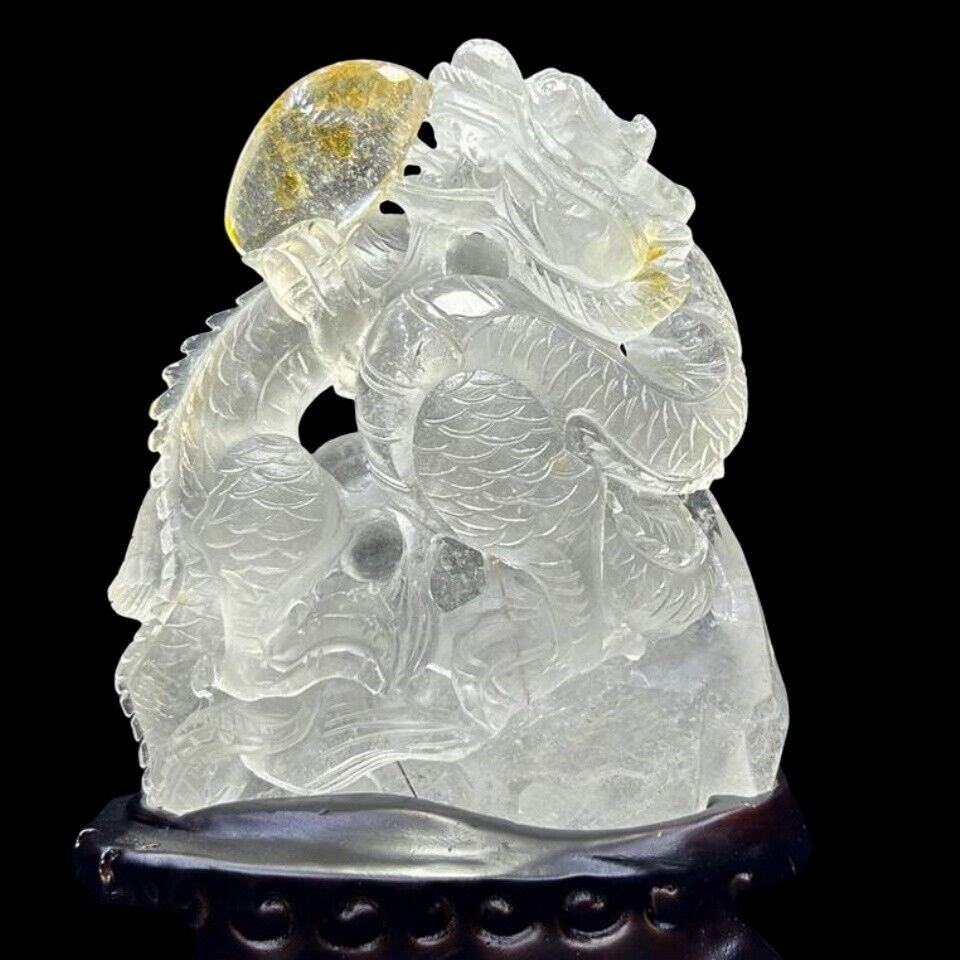 11.66LB Top Natural Clear Quartz Hand Carvings Crystals dragon Skull Stand