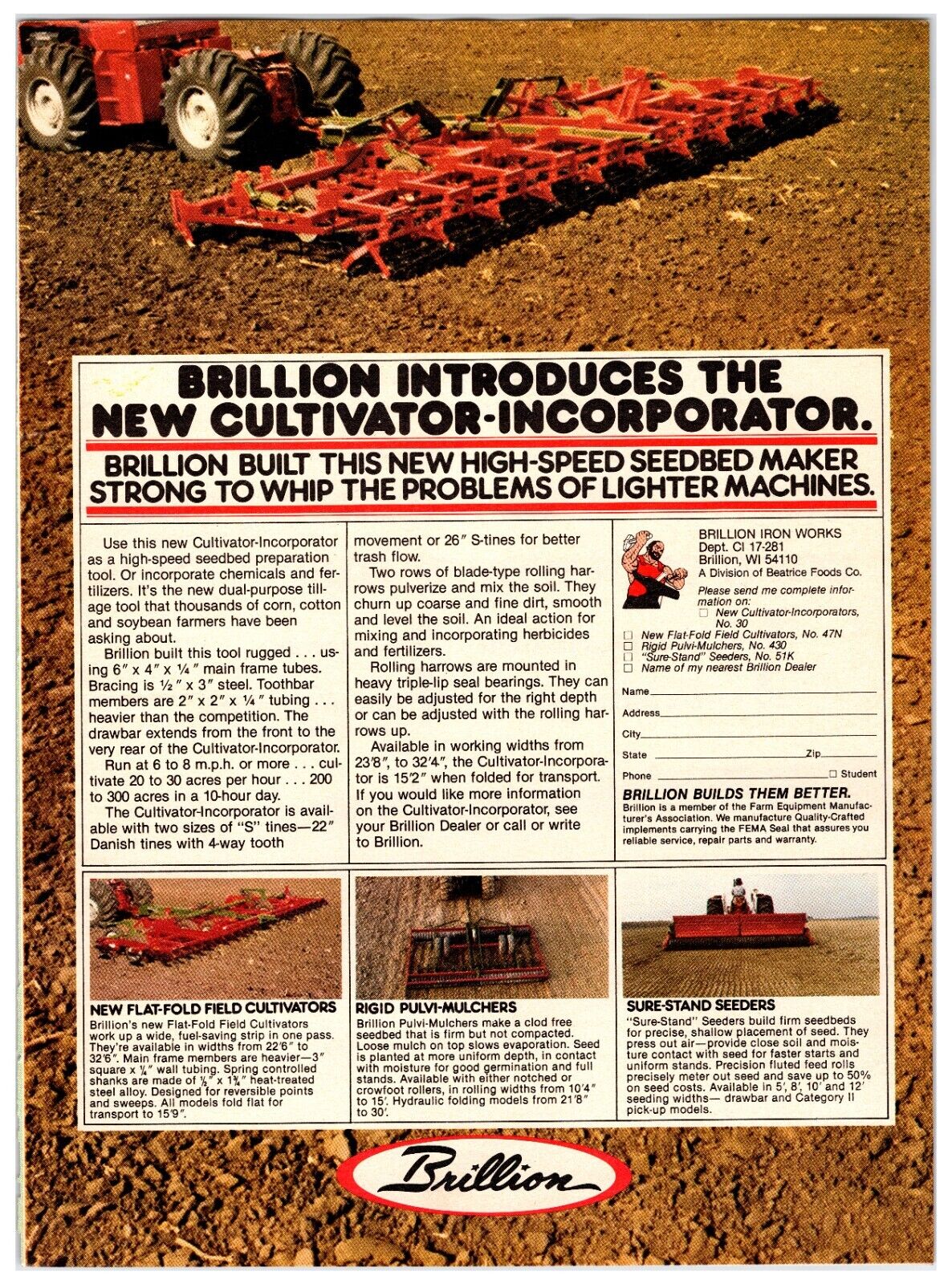 1980s Brillion Cultivator & Equipment Original Print Advertisement (11in x 8in)