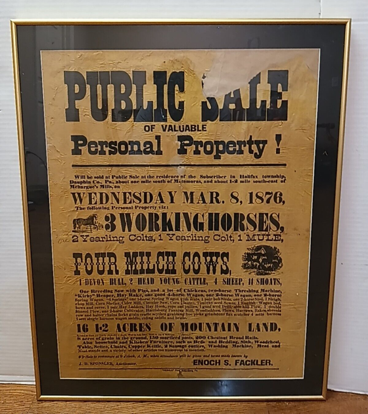 1876 Public/Farm Sale Framed Auction Notice, Halifax Township, Pennsylvania NICE