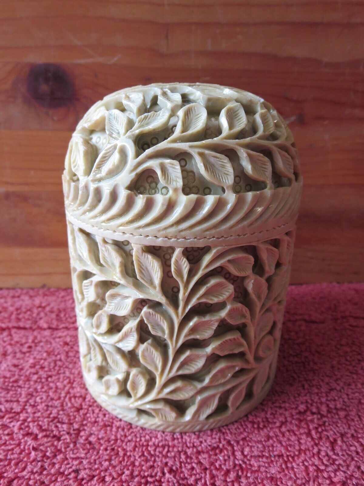 Vintage Marble Trinket box tobacco Jar Antique hand carved leaves Very Intricate