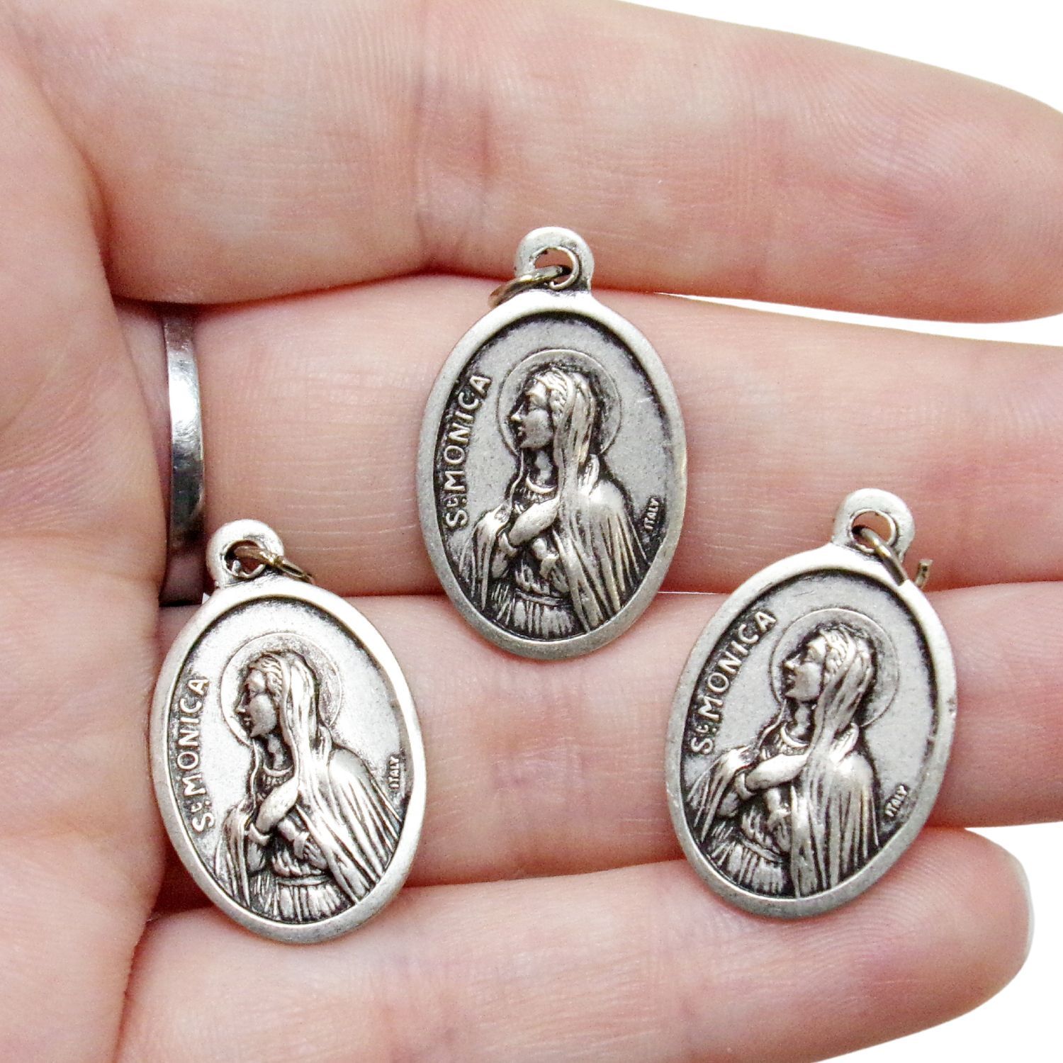 St Saint Monica and Augustine Silver Tone Prayer Medals for Rosary Parts 3 Pack