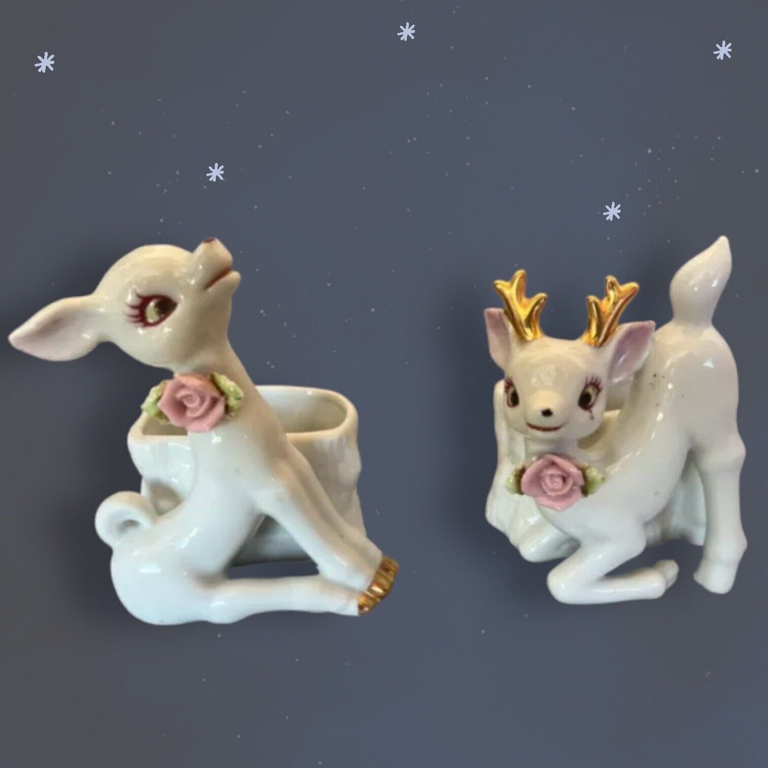 Rare Mid Century Napco Made In Japan Porcelain White Deer & Dearest Figurine Set