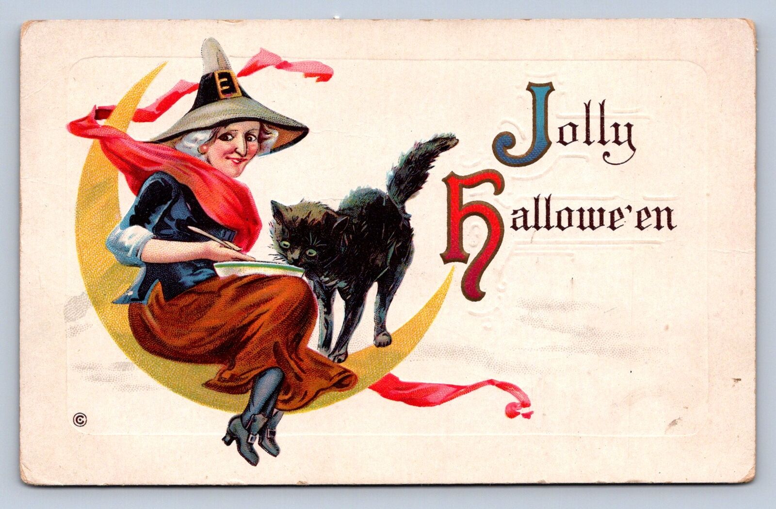 J99/ Halloween Postcard Holiday Greetings c1910 Witch Cat Moon 332D 486