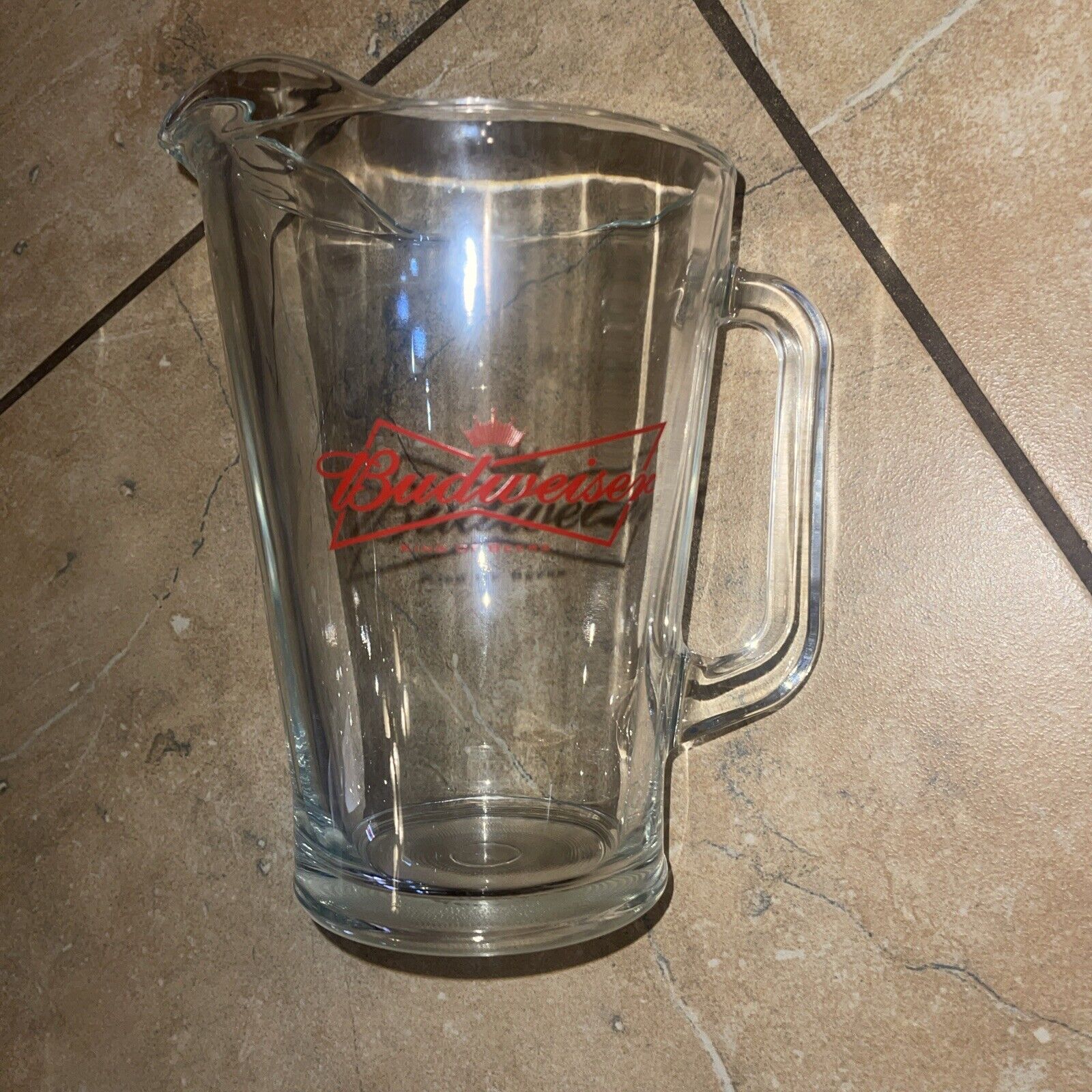 BUDWEISER King of Beers Heavy Glass Pub Beer Pitcher Ice Rim Dimpled Bottom