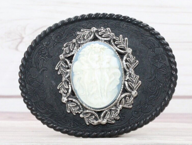 Vintage Womens Black With White Three Sisters Cameo Decorative Oval Belt Buckle