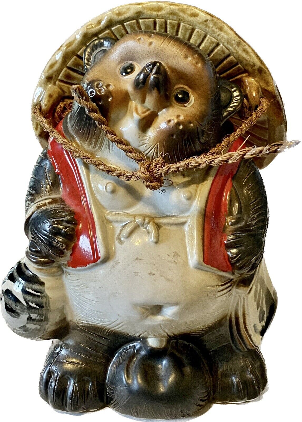 VTG Lucky Shigaraki-Ware Tanuki Raccoon Dog Tokkuri Pottery 10” H Garden Statue