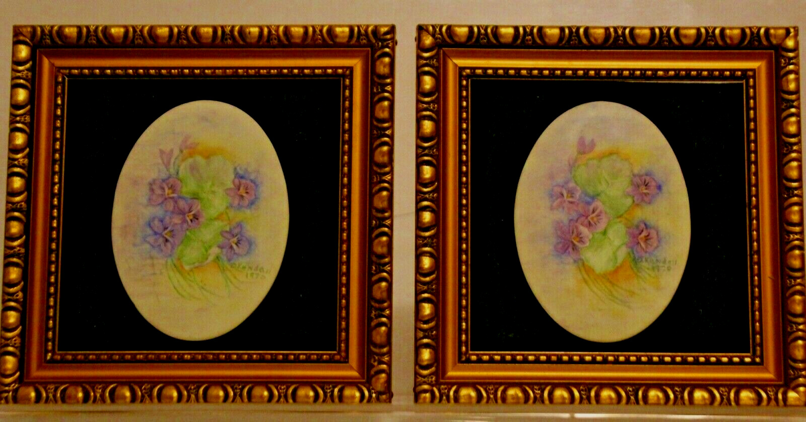 LOVELY PAIR MINIATURE FLOWERS PAINTING on PORCELAIN in OVAL Framed By D. Kendall
