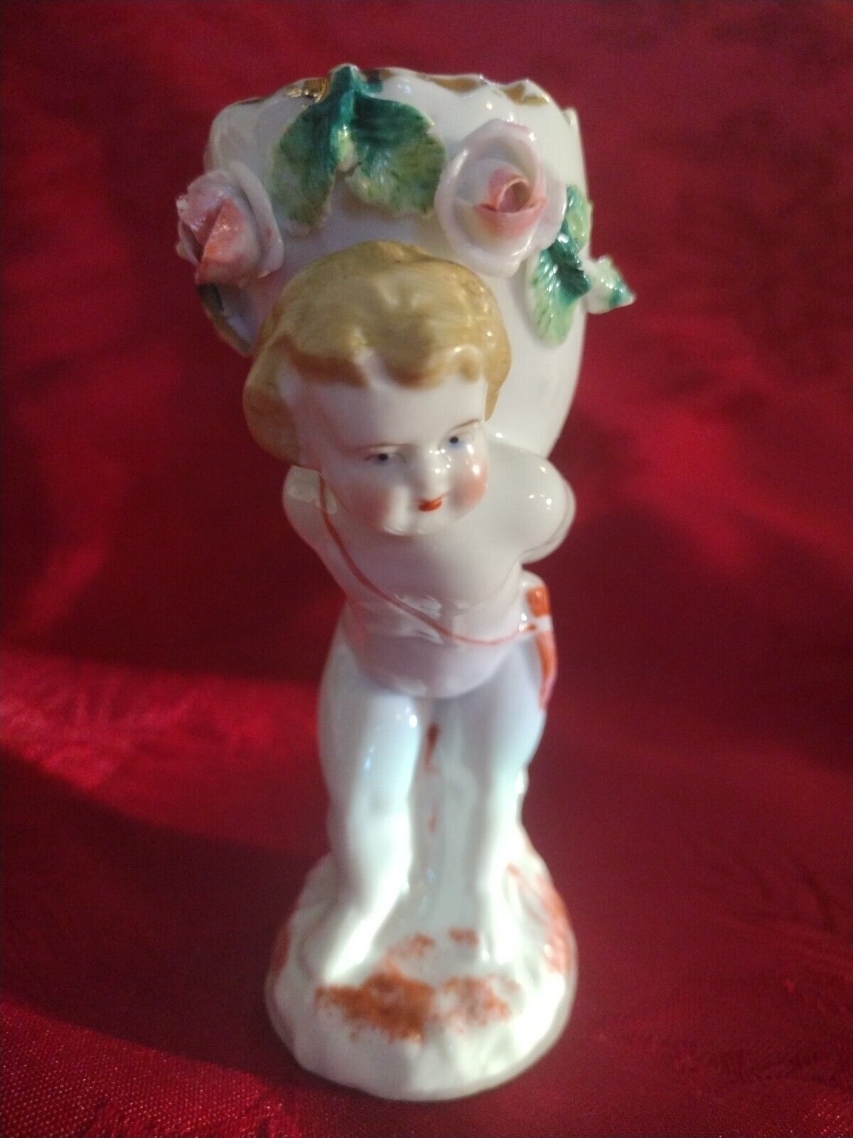 Antique Porcelain Egg Cup Cherub Roses