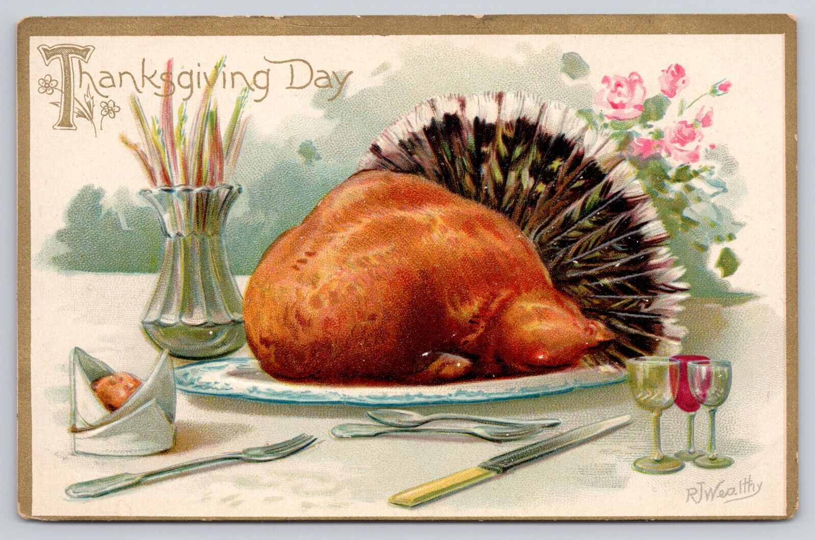 Thanksgiving A/S RJ Wealthy Turkey on Table Tuck Ser 123 DB Postcard (B106)