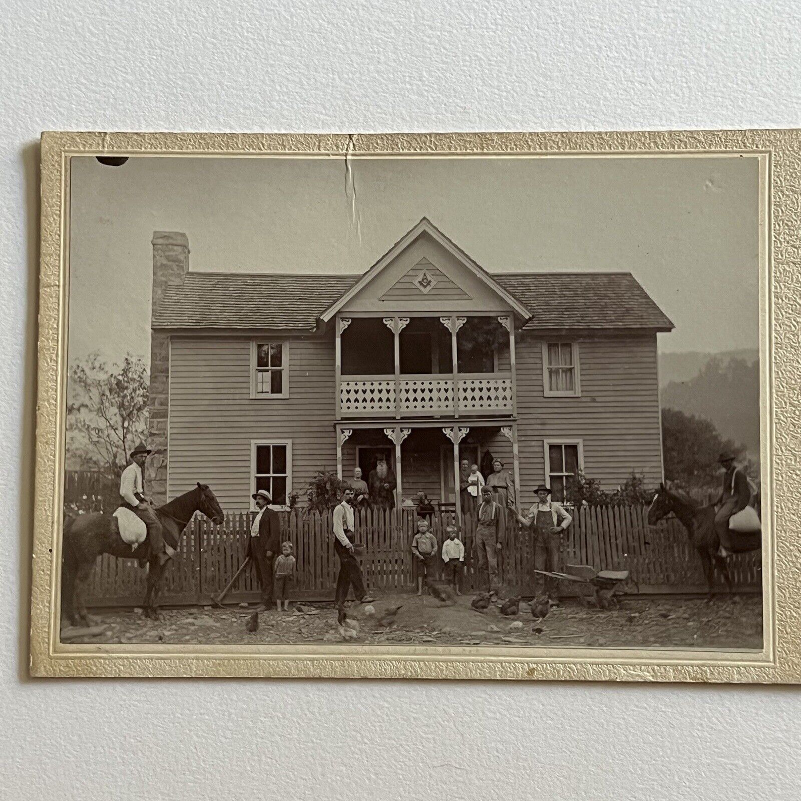 Antique Cabinet Card Photograph Beautiful House Masonic Symbol Horse Chicken Men