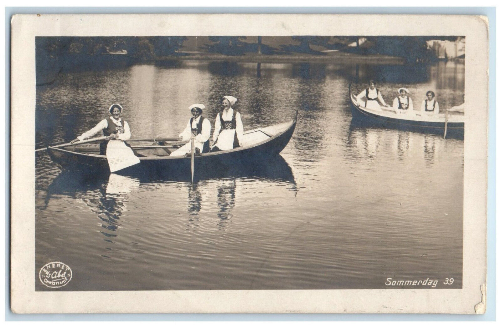 1915 Group of Women in the Boat Summerdag Christiania Norway RPPC Photo Postcard