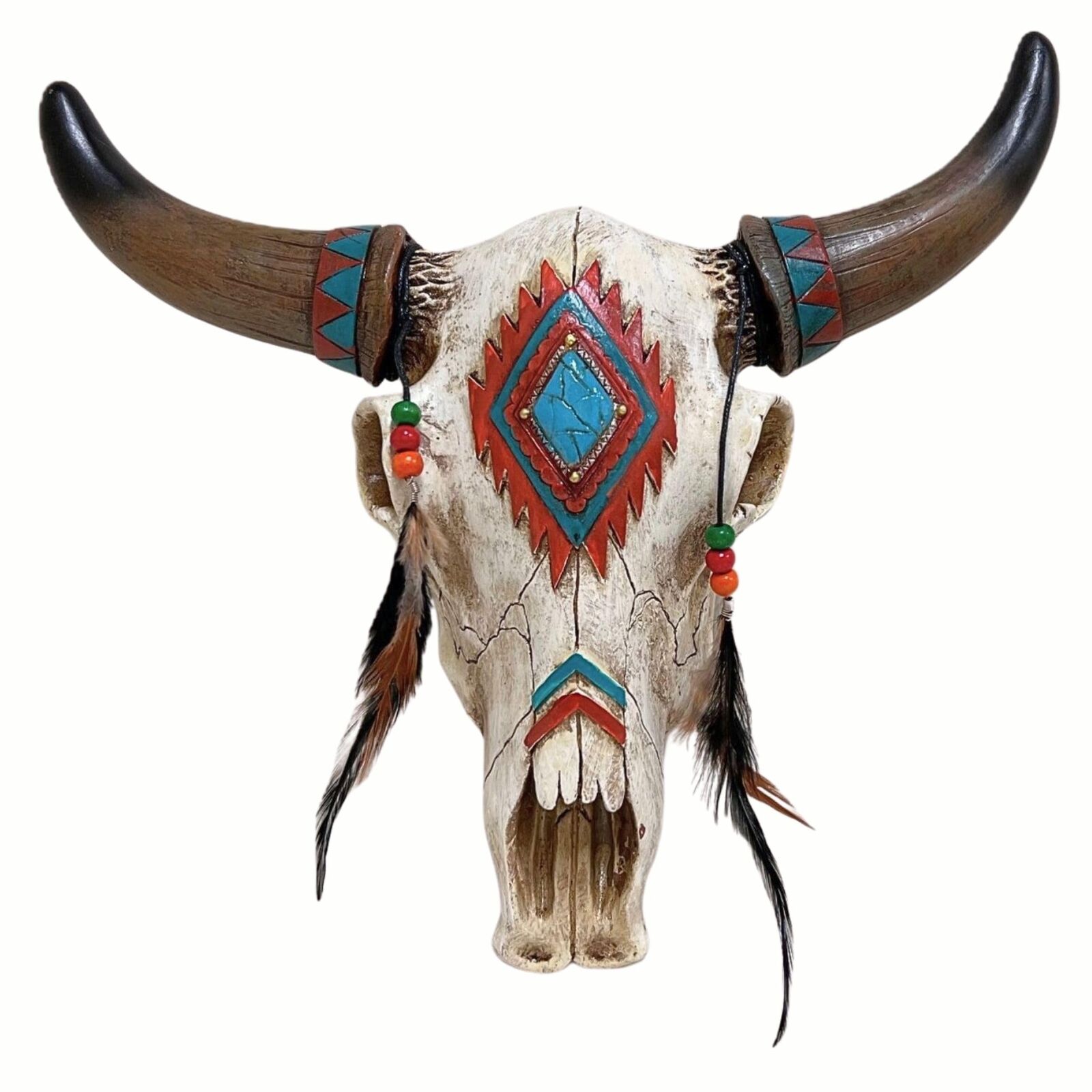 Rustic Vintage Southwest Tribal Bull Skull Feather Beeds Wall Hanging Decor Gift