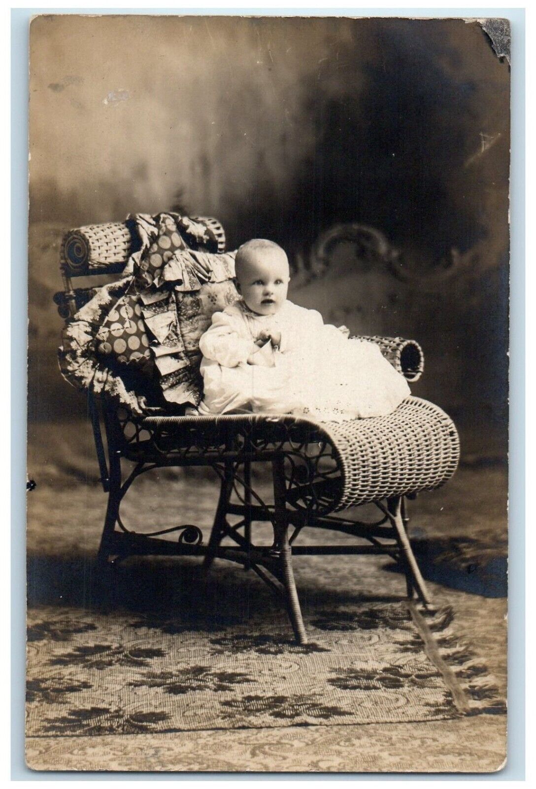 c1910's Cute Baby Girl Sat On Chair Studio RPPC Photo Posted Antique Postcard