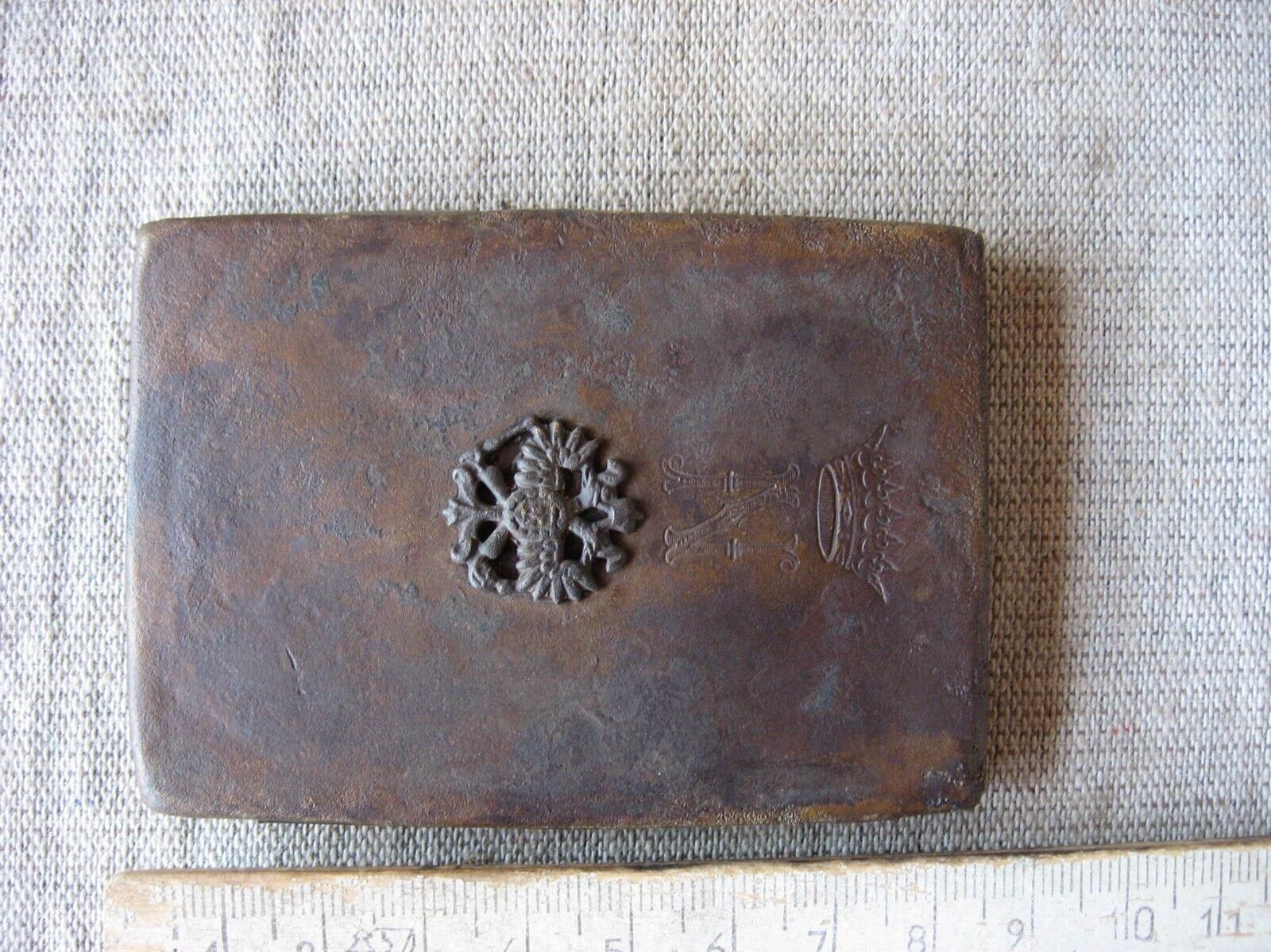 Antique,copper,soldier's snuffbox,with coat of arms Emperor Nicholas II,Russia,R