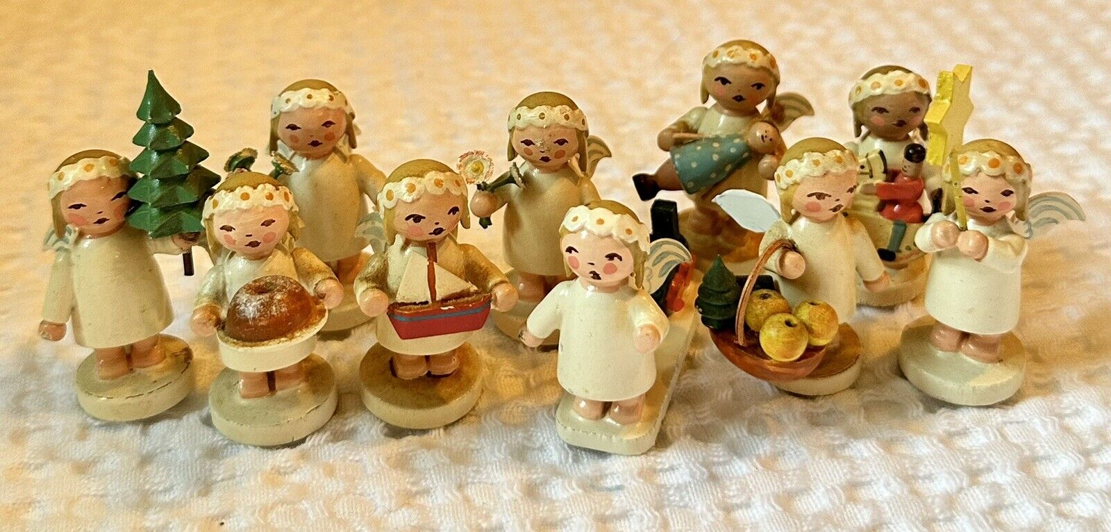 Vintage 10 Wooden Angels-mini Marguerite By Wendt & Kuhn Germany-Erzgebirge