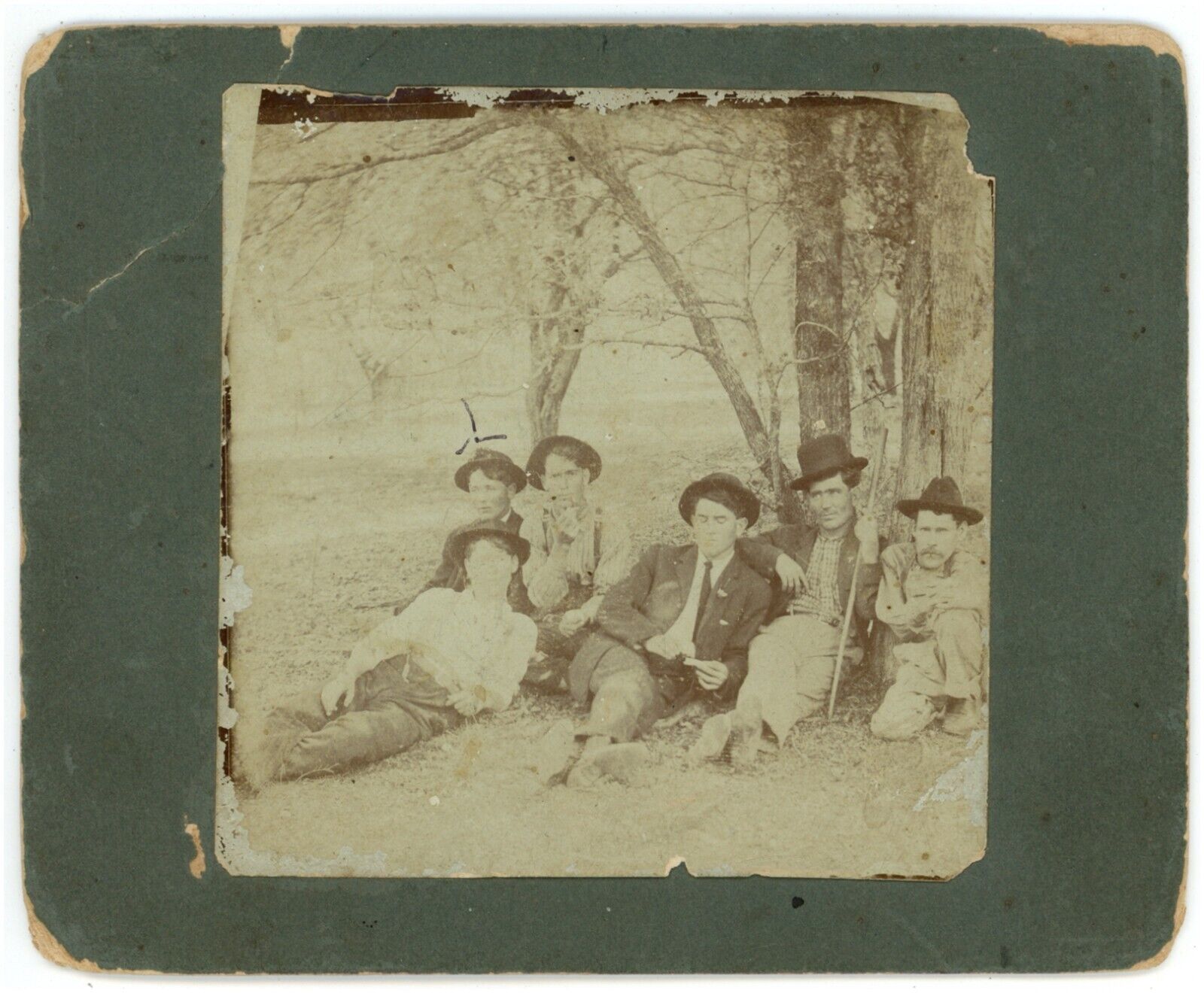 CIRCA 1880\'S Named CABINET CARD 6 Affectionate Men Lounging Resting In Forest