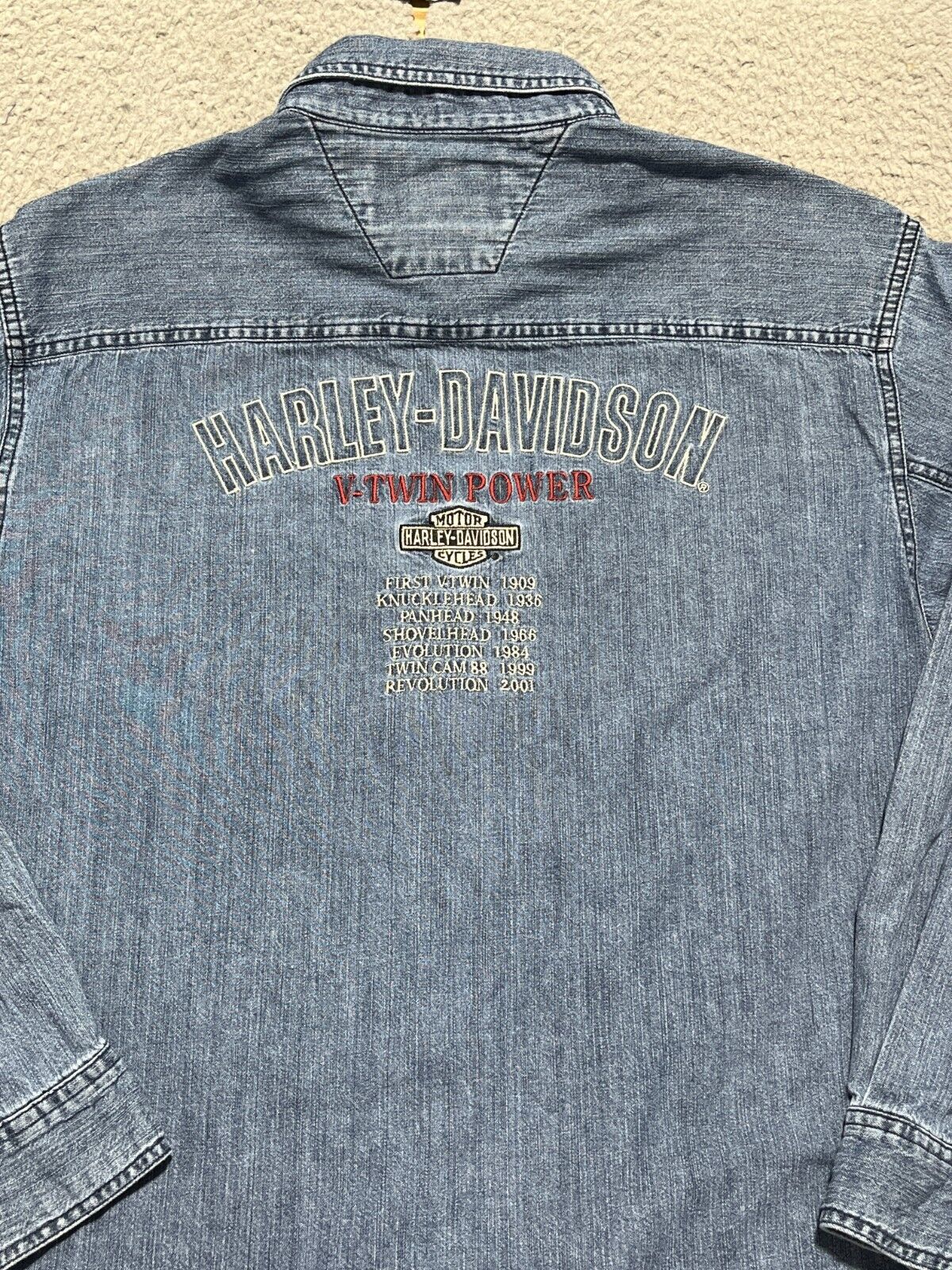 Harley-Davidson Shirt Mens Lg Blue Button Down Denim Embroidered Double Sided