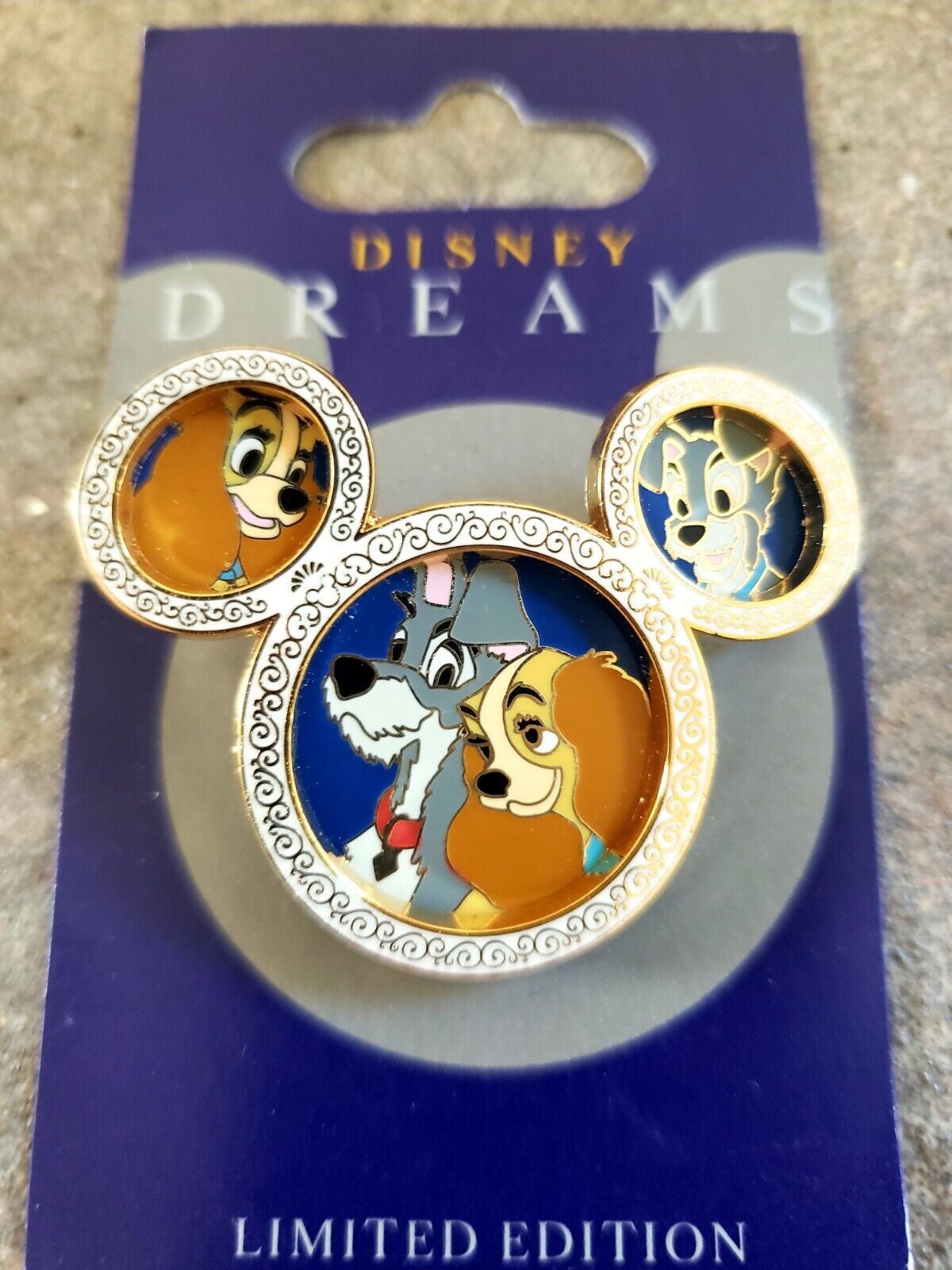 New On Card DLR Disney Dreams - Lady & the Tramp Mouse Head Shaped Pin, LE 1000
