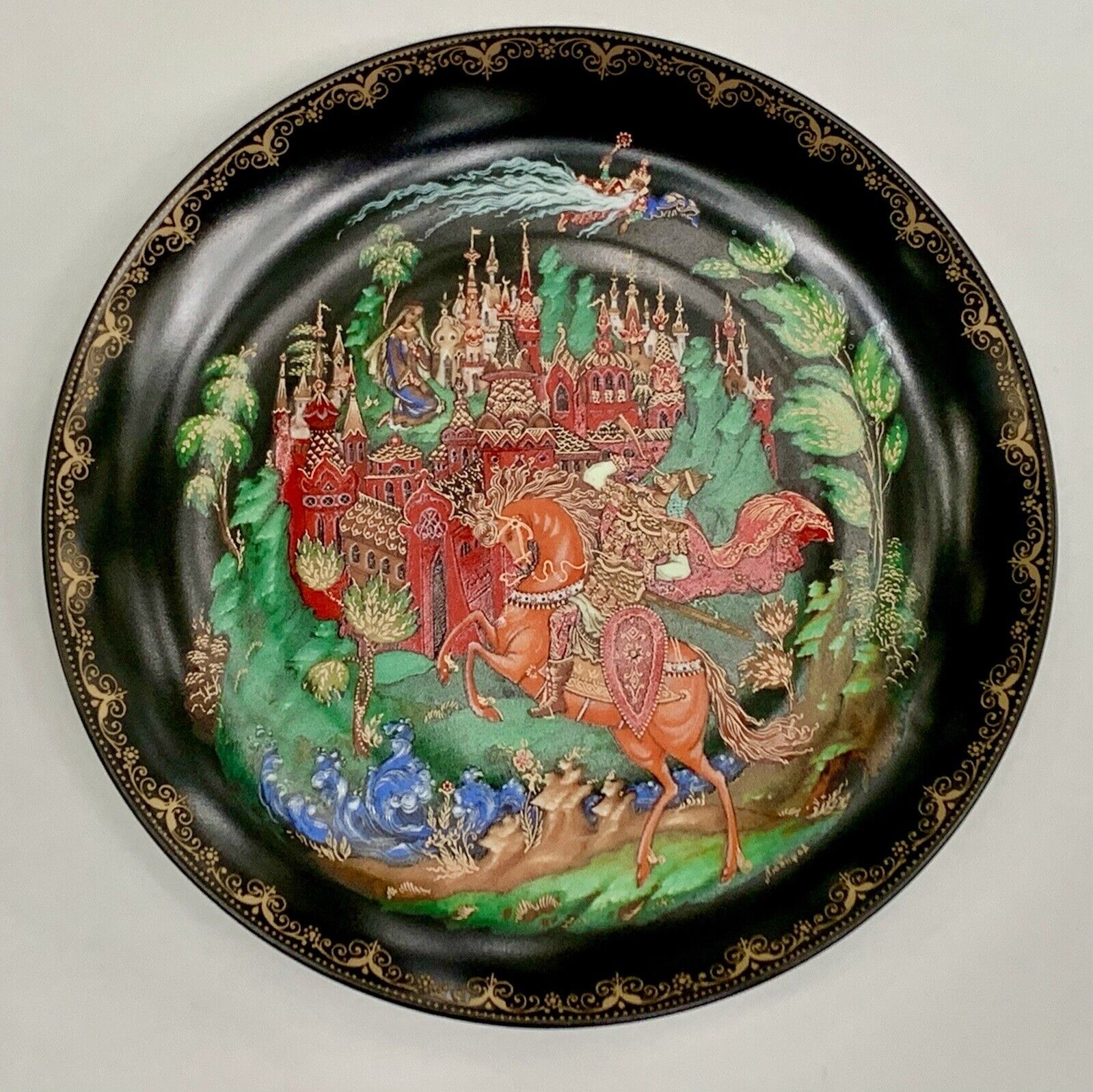 Hand Painted Russian Palekh Ruslan and Ludmila Porcelain Plate Made in USSR 7.5\