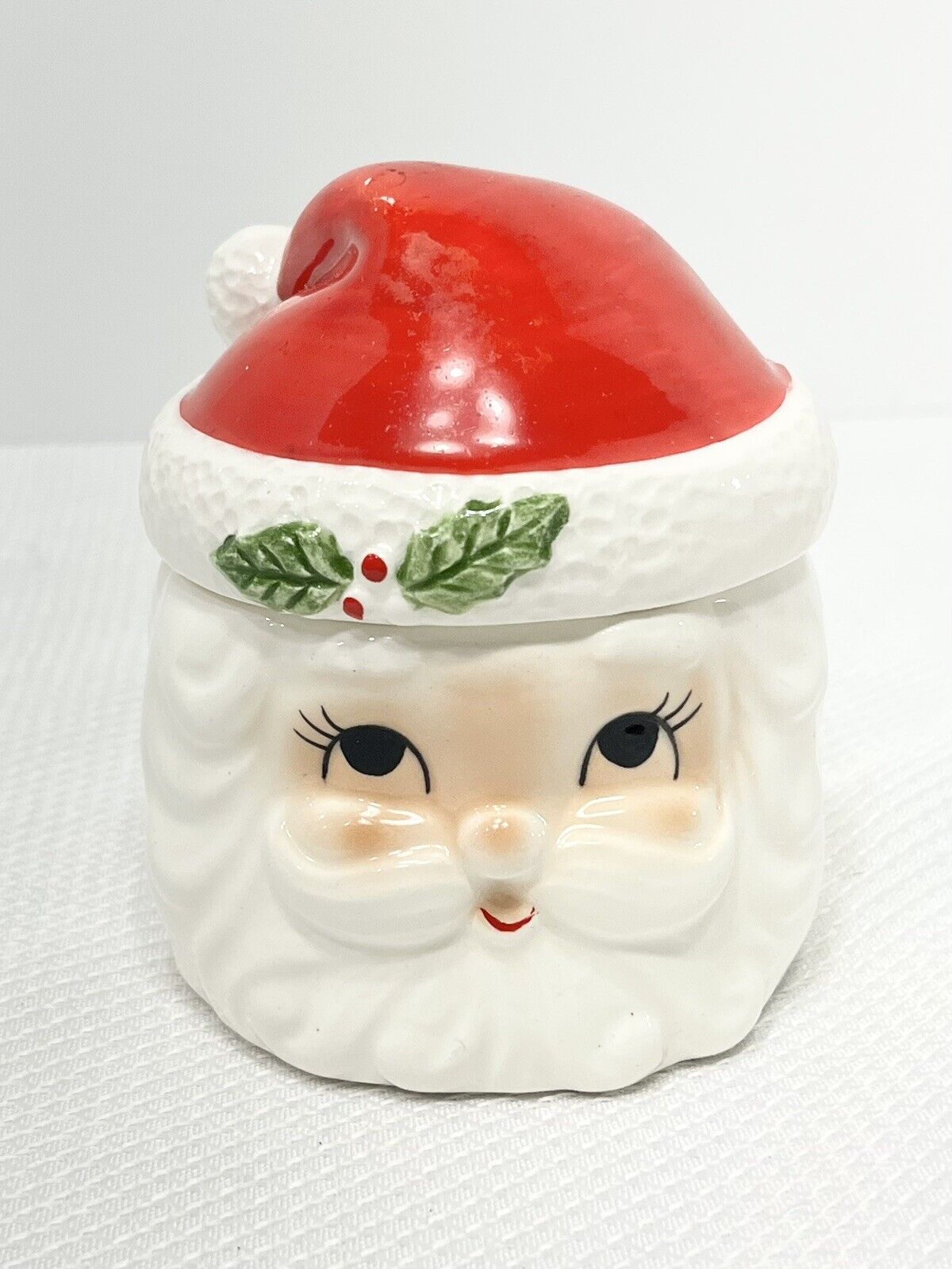 Vintage LEGO Japan CHRISTMAS Santa Claus Face Sugar Jar w/ Lid Holly & Red Cap
